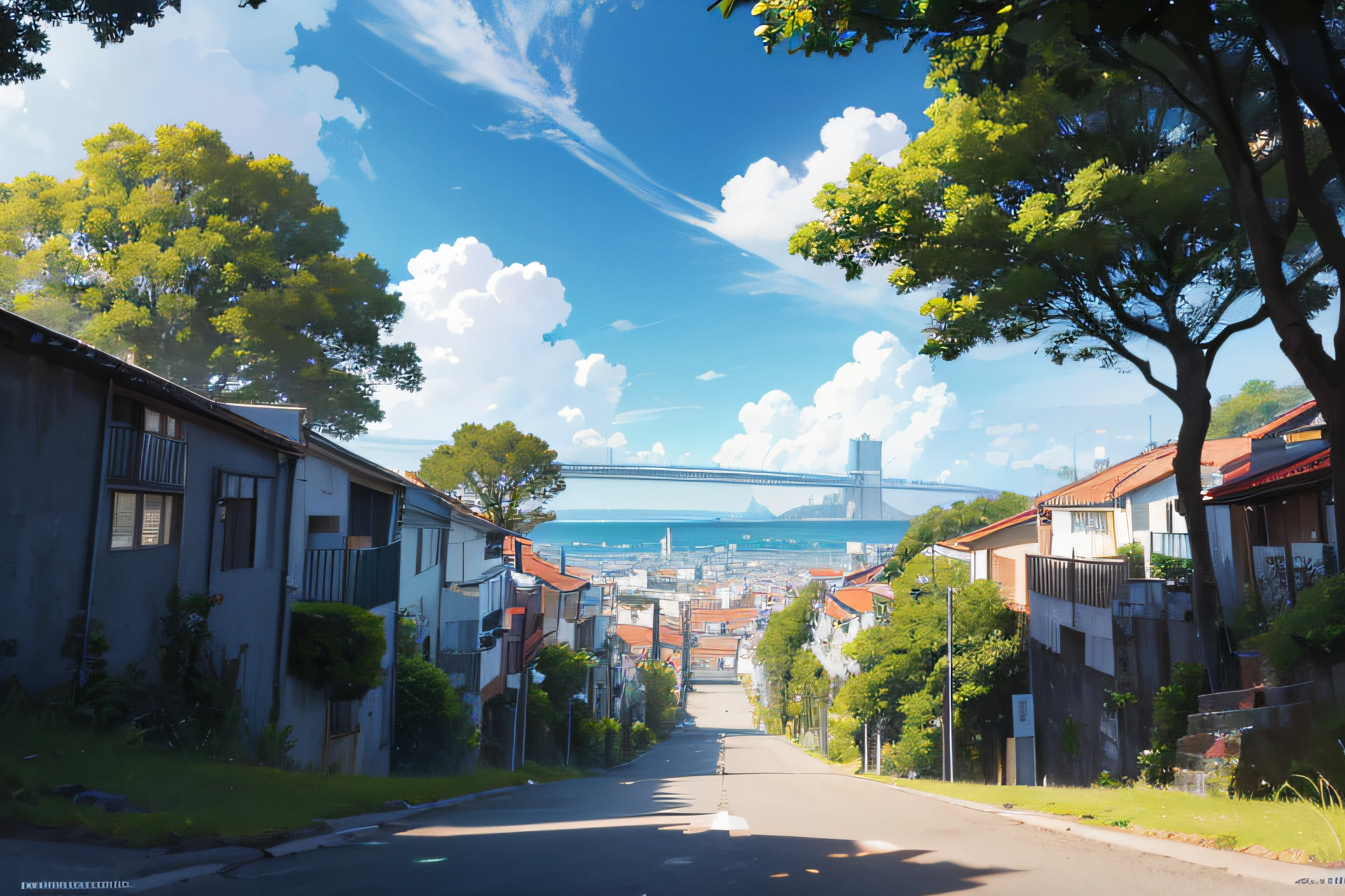 Descreva uma bela paisagem urbana, scenic view, With sky and clouds so beautiful, rua com casas, I showed the sky a lot, iluminado por um sol brilhante. birds flying on the horizon, green trees like a summer day. Bairro residencial, buildings appear on the horizon, big city scenery, New York, showing the background buildings. Descreva os sons, smells and physical sensations of this beautiful landscape, 8k, Cinema lighting. caminho, paisagem calma, ao ar livre, Epic composition, cel shading illustration, master part, high-definition detail, master part, a melhor qualidade, (muito detalhado CG unificado 8k wallpaper)