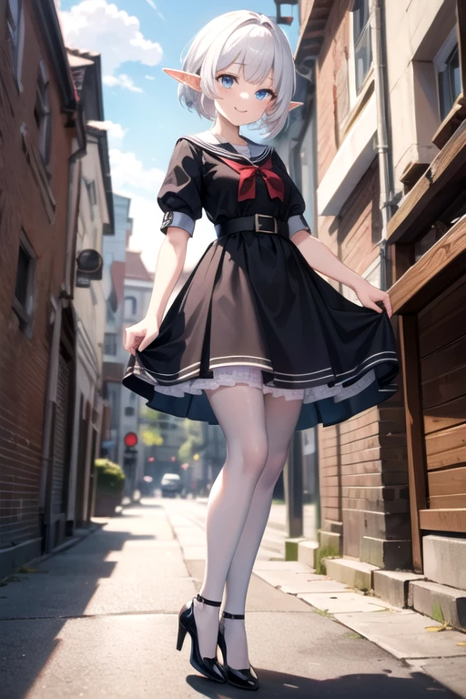 (mega detalhado) little elf with short white hair and blue eyes at school wearing a beautiful dress with high heels and tights, sorriso leve, ultra hd, 8k.