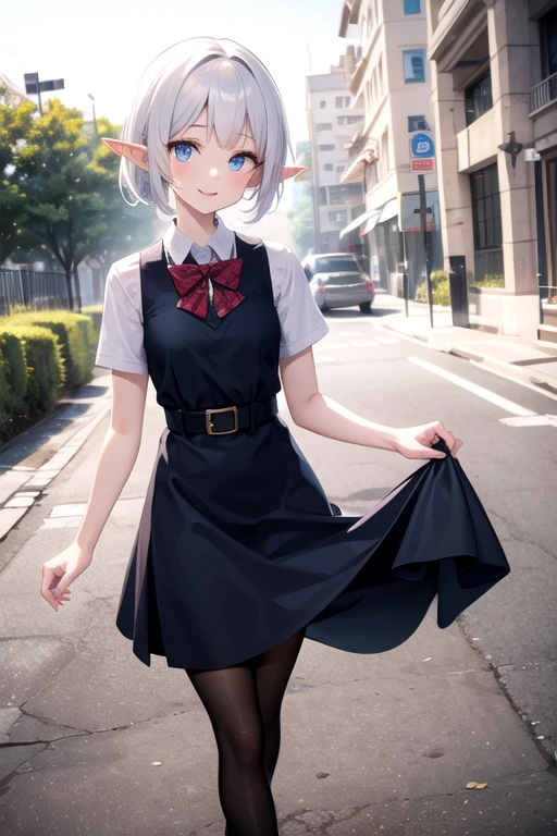 (mega detalhado) little elf with short white hair and blue eyes at school wearing a beautiful dress with high heels and tights, sorriso leve, ultra hd, 8k.