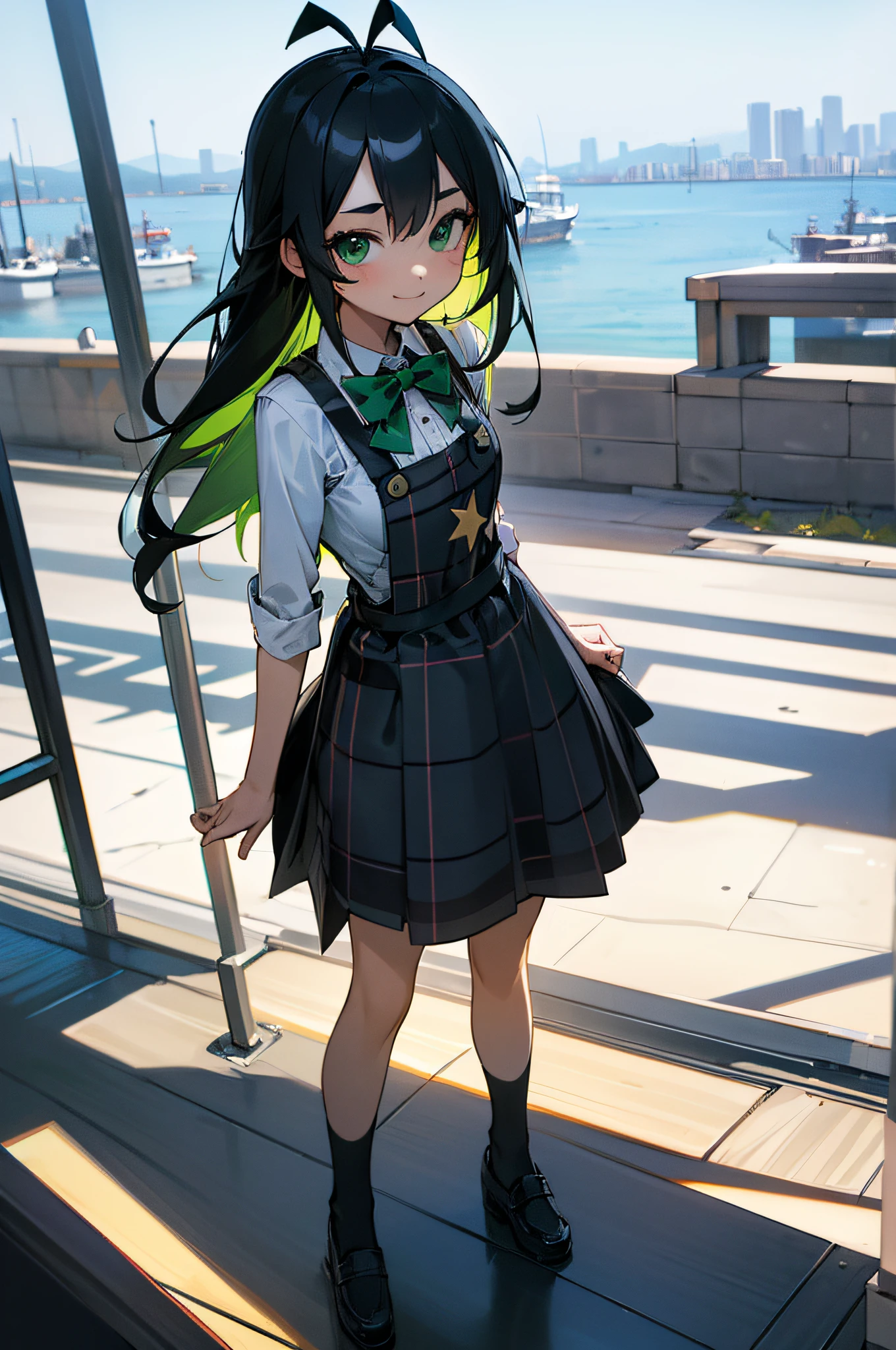 background:(starbacks coffee,harbor-land,kobe,japan:1.3),(chibi:1.0), (masterpiece, best quality), 1girl, standing, slightly lean forward, lift the skirt, full body. BREAK girl, 16 yo, (neat girl:1.3), (black long hair, antenna hair, colored inner green,split color), green eyes, (round eyes:1.2), (middle breasts, 3d rendering:1.21), BREAK, (Checkered Pinafore:1.3),Y-shirt,bow tie. smile, (deformed:1.0).