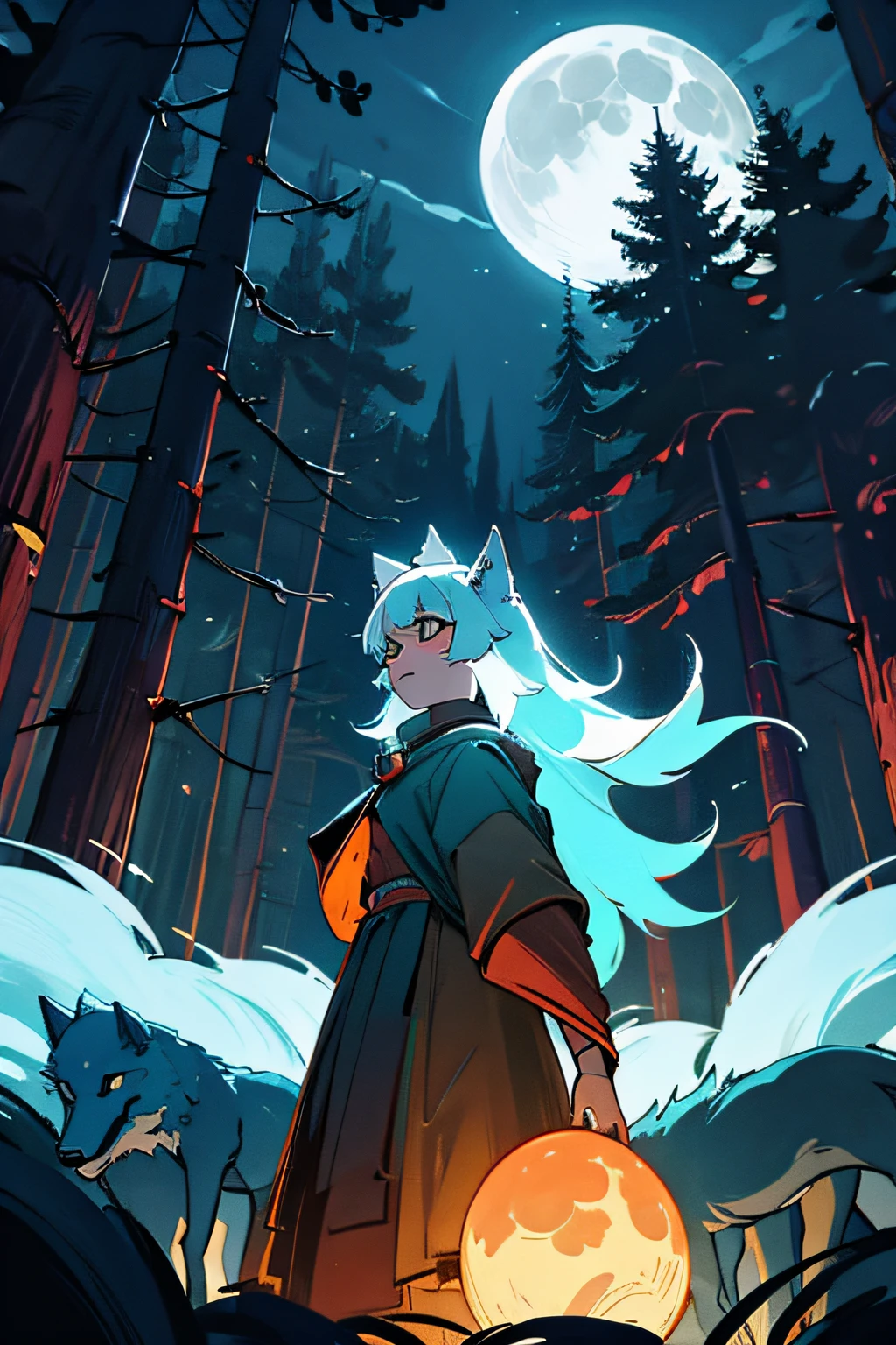 wolf girl, forest, night, full moon