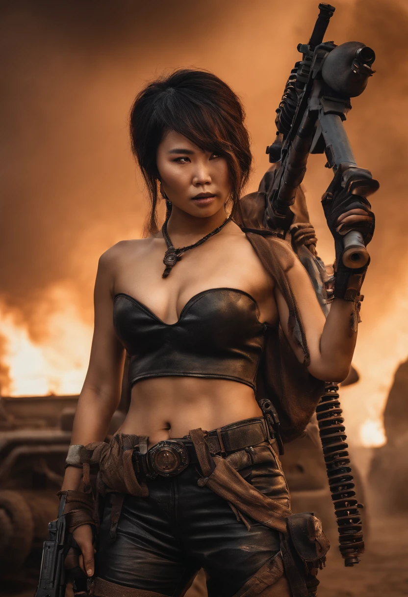 Mad Max asian Woman with psycho gun, photographrealistic, Postapocalypse、rifle、naked, huge tit、Young woman、Lots of skin、