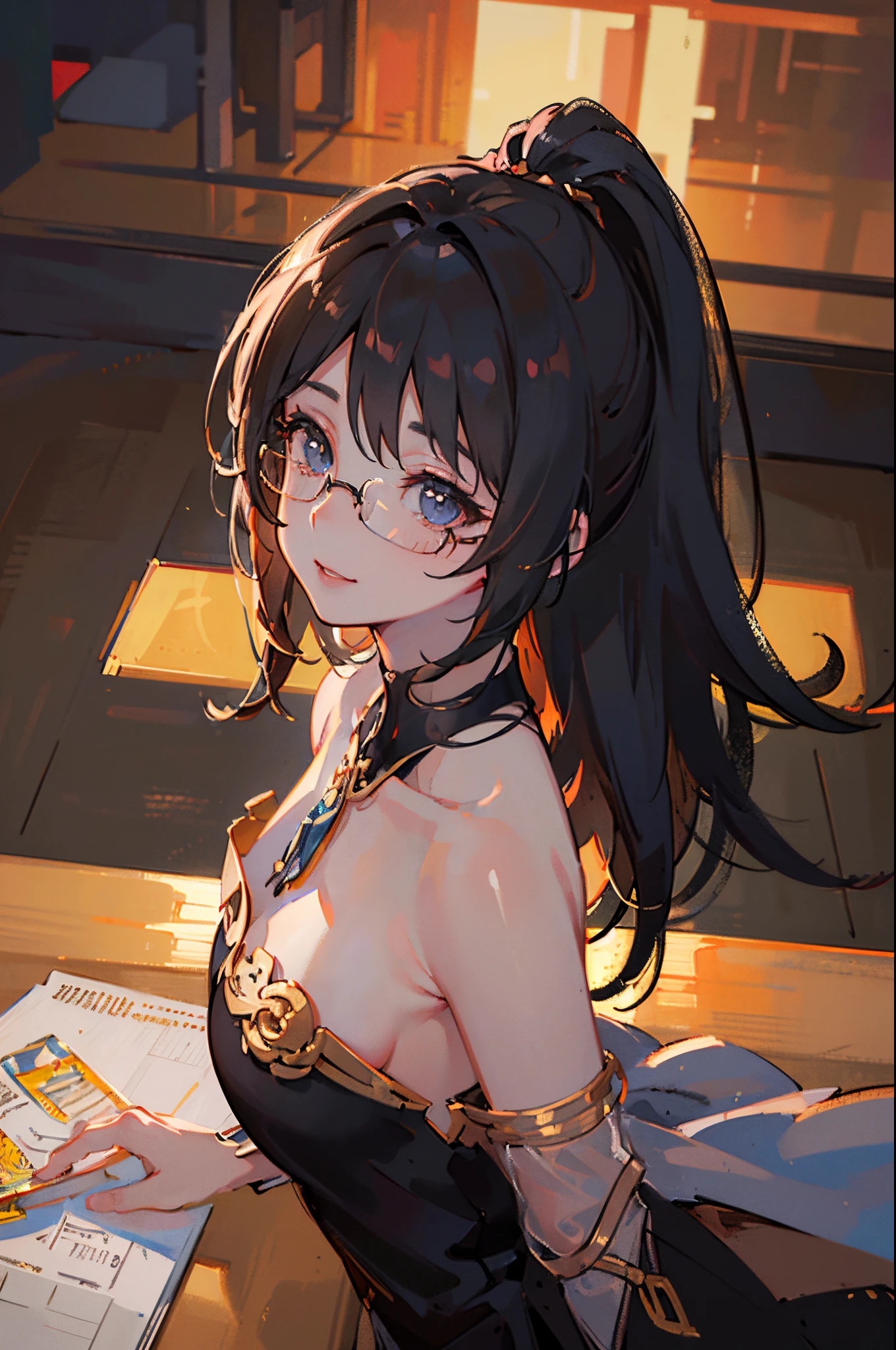 (((Masterpiece))),(((Best quality))),(((Amazing detail))),((illustration)),((A high resolution)),((8K)),((Anatomically correct)),Brown long hair,High ponytail,Delicate hair,a matural female,black-frame glasses,Light smile,adjusting eyewear,angle of view,Anime,Depth of field,Classroom Background,Sunset,Soft light,From above,Lens flare