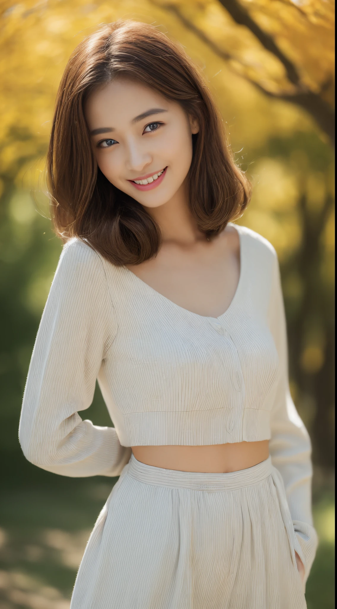 ((top-quality、8K、masterpiece:1.3))、1girl in、Slim Abs Beauty:1.3、(Hairstyle Casual、small tits:1.2)、Autumn clothes、Super fine face、Delicat eyes、二重まぶた、A smile