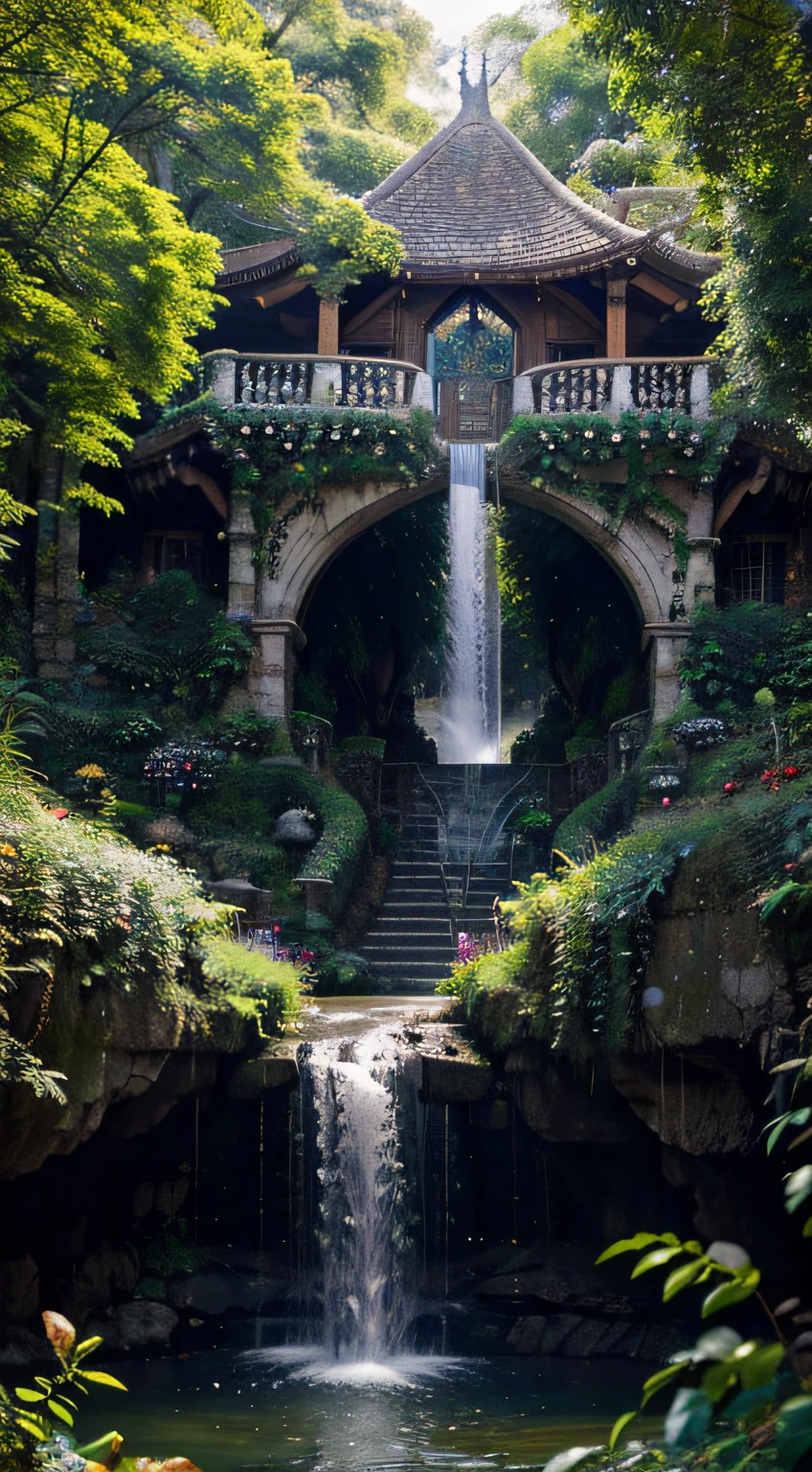 Bem-vindo a Eldoria, an elven kingdom where architecture merges perfectly with nature, criando uma utopia oculta. Explore conosco: The architecture is enchanted houses made of shining stones, madeira luminosa e cristais. A magical mix that transforms every street into a visual symphony. Walk across ethereal bridges that connect the treetops, revelando uma cidade suspensa em harmonia, where every step is a dance between architecture and nature. Adentre jardins suspensos, where magical flowers bloom in vibrant colors and crystal clear waterfalls flow, Creating a Backdrop of Ethereal Beauty.