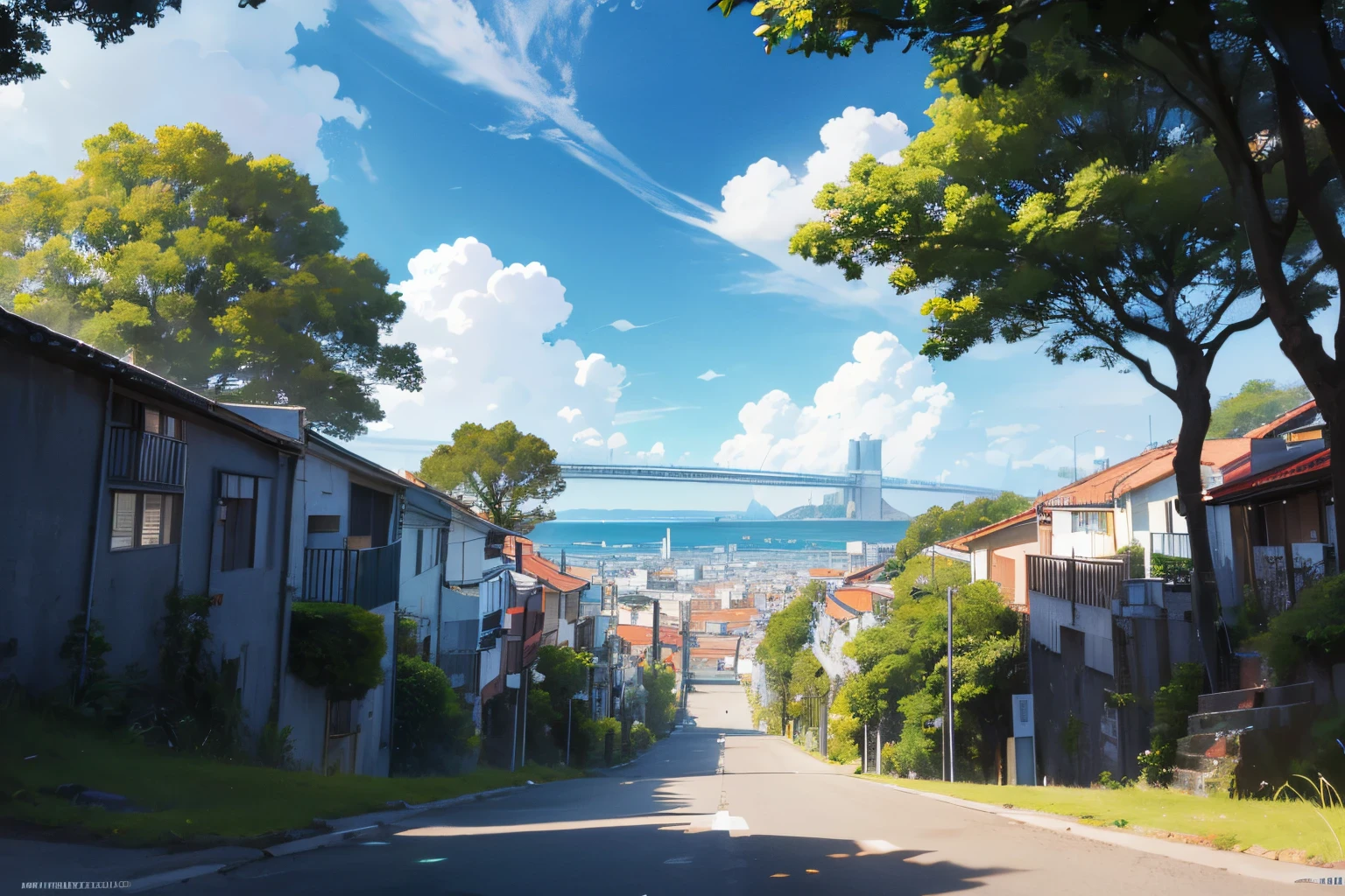 Descreva uma bela paisagem urbana, scenic view, With sky and clouds so beautiful, rua com casas, I showed the sky a lot, iluminado por um sol brilhante. birds flying on the horizon, green trees like a summer day. Bairro residencial, buildings appear on the horizon, big city scenery, New York, showing the background buildings. Descreva os sons, smells and physical sensations of this beautiful landscape, 8k, Cinema lighting. caminho, paisagem calma, ao ar livre, Epic composition, cel shading illustration, master part, high-definition detail, master part, a melhor qualidade, (muito detalhado CG unificado 8k wallpaper)