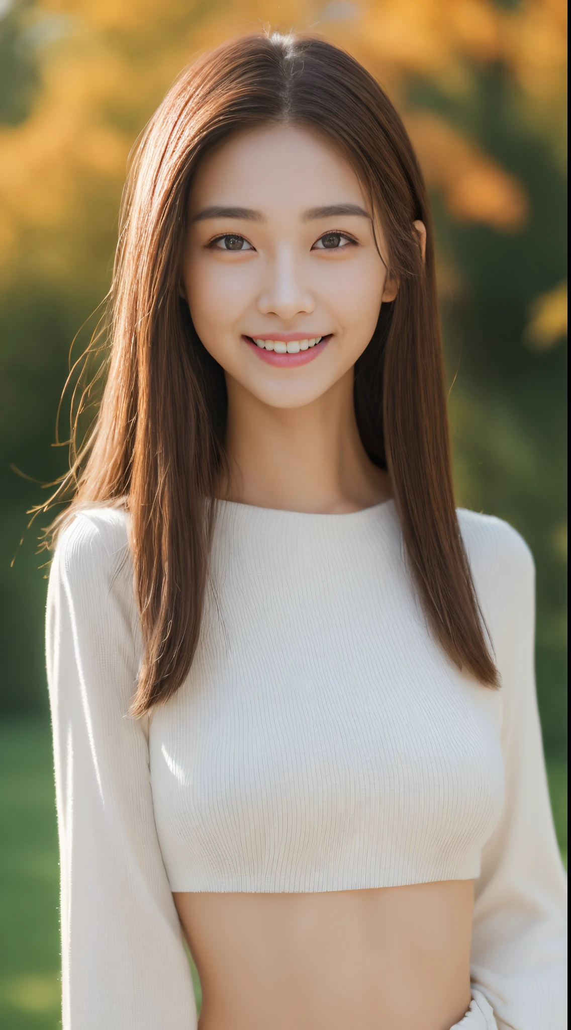 ((top-quality、8K、​masterpiece:1.3))、1girl in、Slim Abs Beauty:1.3、(Hairstyle Casual、small tits:1.2)、Autumn clothes、Super fine face、Delicat eyes、二重まぶた、A smile