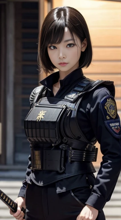 (Best Quality), Extremely delicate and beautiful, amazing, finely detail, masutepiece, Ultra-detailed, hight resolution,Best Illustration, Best Shadow,Convoluted,depth of fields,(Dramatic Lighting:1.4),Sharp Focus, High quality,( Film grain:1.4), 富士XT3,A dark-haired,(Very short hair),((Detailed face)),Full body,Japan beauties,Middle Age Woman,Korean actress,(45 yers old),(small tits),flat-chest,top-quality,masutepiece,8K,Cowboy Shot,(1 middle-aged woman), Elegant beauty, Radiant skin, Detailed facial expressions, (Style Dynamic:0.8),Swat,Swat Uniform,emergency service unit, Wear a tactical vest, Wearing a full-body suit,super realistic details ,bring samurai sword,Has a mob shield inscribed with a magic spell. ,Japan,tokyo prefecture,night scene,Tokyo Tower,Metropolitan Police Department,anti-monster squad,Standing Pose,Determined expression, Detailed background,powerful aura,