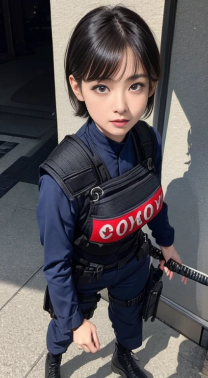 (Best Quality), Extremely delicate and beautiful, amazing, finely detail, masutepiece, Ultra-detailed, hight resolution,Best Illustration, Best Shadow,Convoluted,depth of fields,(Dramatic Lighting:1.4),Sharp Focus, High quality,( Film grain:1.4), 富士XT3,A dark-haired,(Very short hair),((Detailed face)),Full body,Japan beauties,Middle Age Woman,Korean actress,(45 yers old),(small tits),flat-chest,top-quality,masutepiece,8K,Cowboy Shot,(1 middle-aged woman), Elegant beauty, Radiant skin, Detailed facial expressions, (Style Dynamic:0.8),Swat,Swat Uniform,emergency service unit, Wear a tactical vest, Wearing a full-body suit,super realistic details ,bring samurai sword,Has a mob shield inscribed with a magic spell. ,Japan,tokyo prefecture,night scene,Tokyo Tower,Metropolitan Police Department,anti-monster squad,Standing Pose,Determined expression, Detailed background,powerful aura,