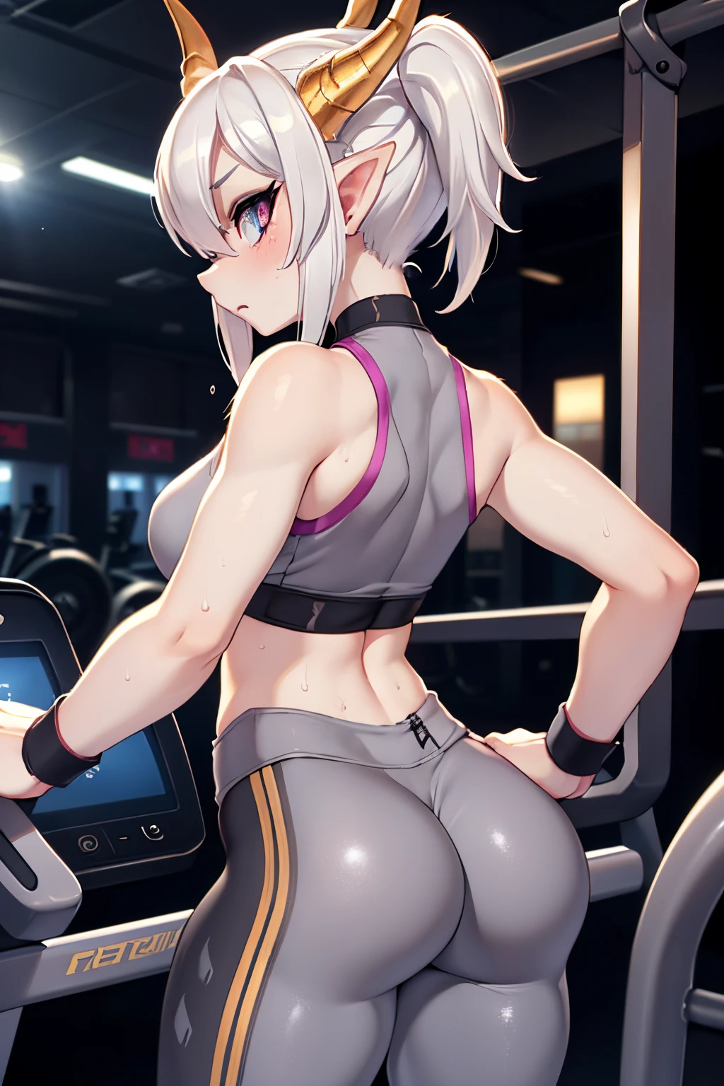 gym scenario with a focus on cardio, individuals on treadmills and elliptical machines, vibrant and energetic atmosphere, sweat-soaked, dynamic nature of cardio workouts, BREAK, masterpiece, 8k, detailed eyes, perfect face, dragonewt, (gold dragon horns), (((pixie white hair))), (small breast), eyeliner, big earrings, athleisure outfit with mesh accents, (((scrunch grey leggings))), matching crop top, ((((back shot))))