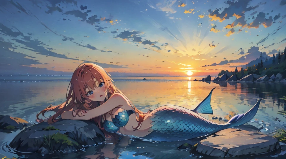 Mermaid anime watching the sunrise lying on a rock