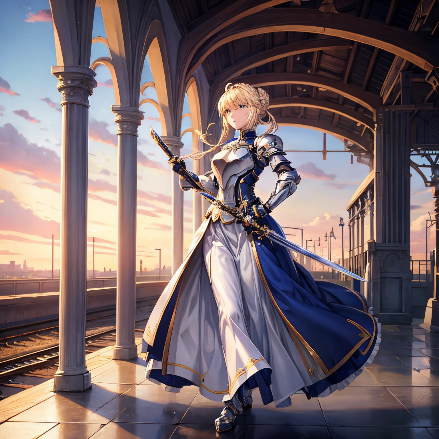 Arturia with blonde braided bun hairstyle wearing iron armor with iron skirt holding sword against train station backdrop in 2d animation