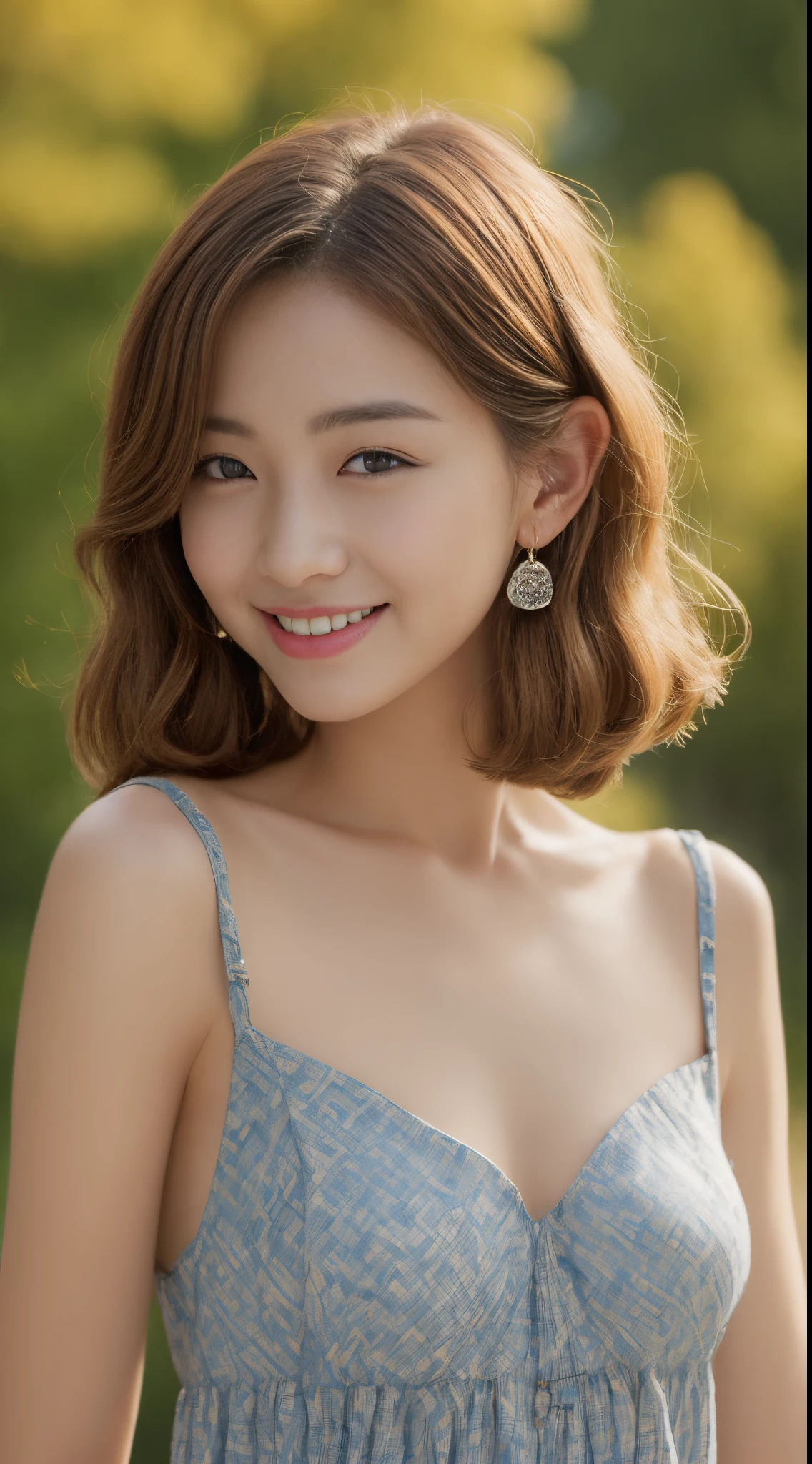 ((masterpiece)), ((best quality)), (ultra-detailed), ((kawaii)), cute, (lovely), ((extremely detailed)), 4K, (8K), best quality, (beautiful), illustration, dignified, (portrait:1.3), a cute girl, 1girl, Japanese, solo, (tan skin:1.3), off-shoulder shirt, short shorts, (park), (beautiful black hair), short bob cut, hair blowing in wind, beautiful blue eyes, ((beautiful eyes)), lip, necklace, laughing, blush, shiny, 
