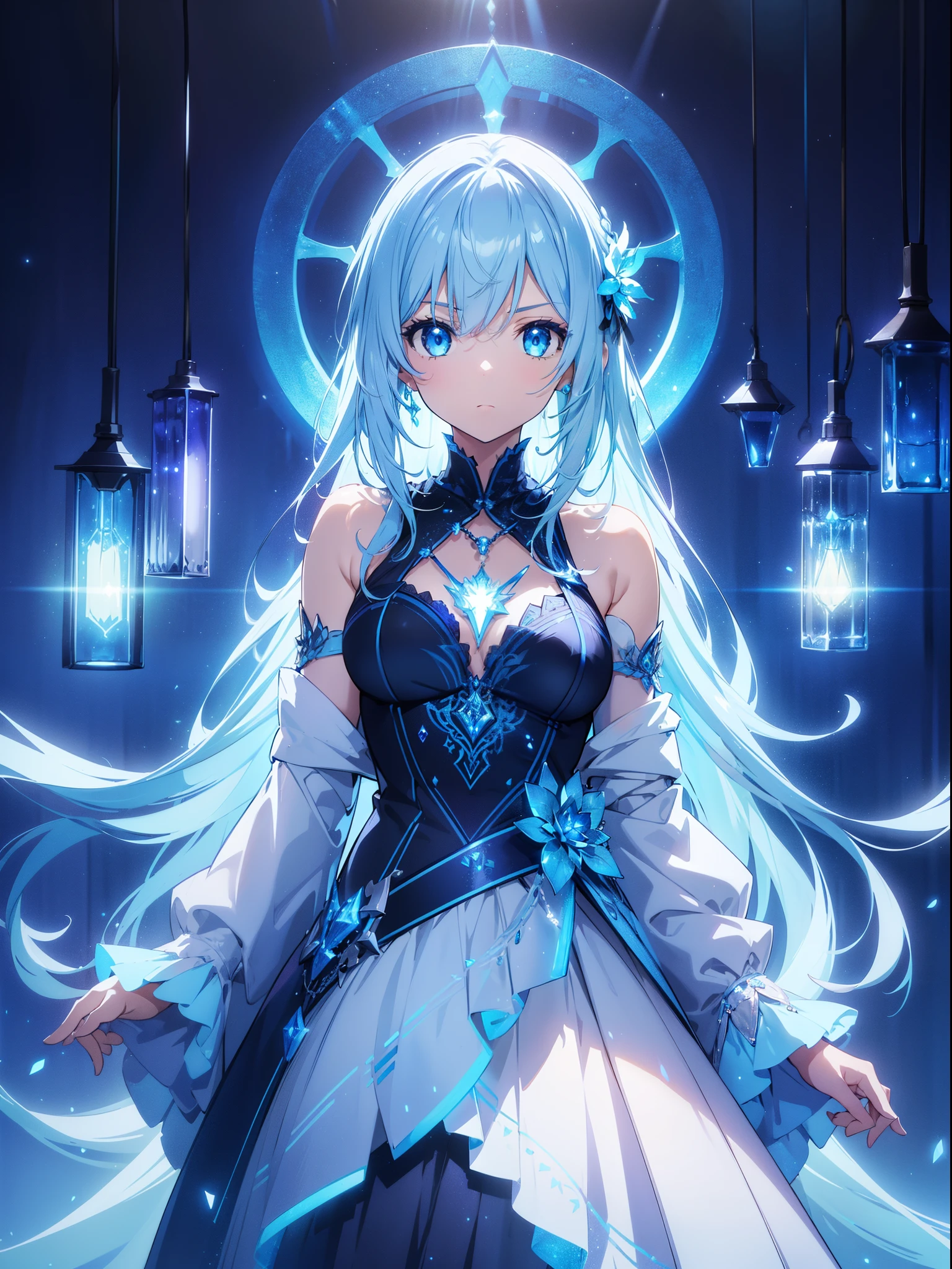 1 cute girl , (luminous pendant) ,(((under lighting))), (blue lighting), cinematic lighting, upper body,pendant focus, close to viewer, floating hair, (from below:0.8) , surprised, background black , concept art, fantasy art, ((masterpiece)), ((best quality)), ((ultra-detailed)), (illustration), ((an extremely delicate and beautiful))