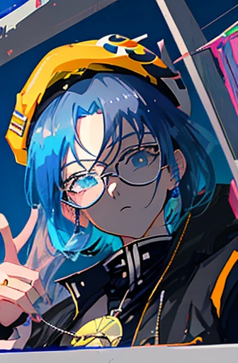 (Best Quality, masutepiece:1.2),1boy,Anime young man with blue hair and glasses in a black jacket, live2d virtual youtuber model, 2 d anime style, anime moe art style, anime styled 3d, ( ( ( ( 3 d render ) ) ) ), paint tool sai!! Blue, anime stylized, Stylized anime, 2 D Anime, bright green eyes,beret