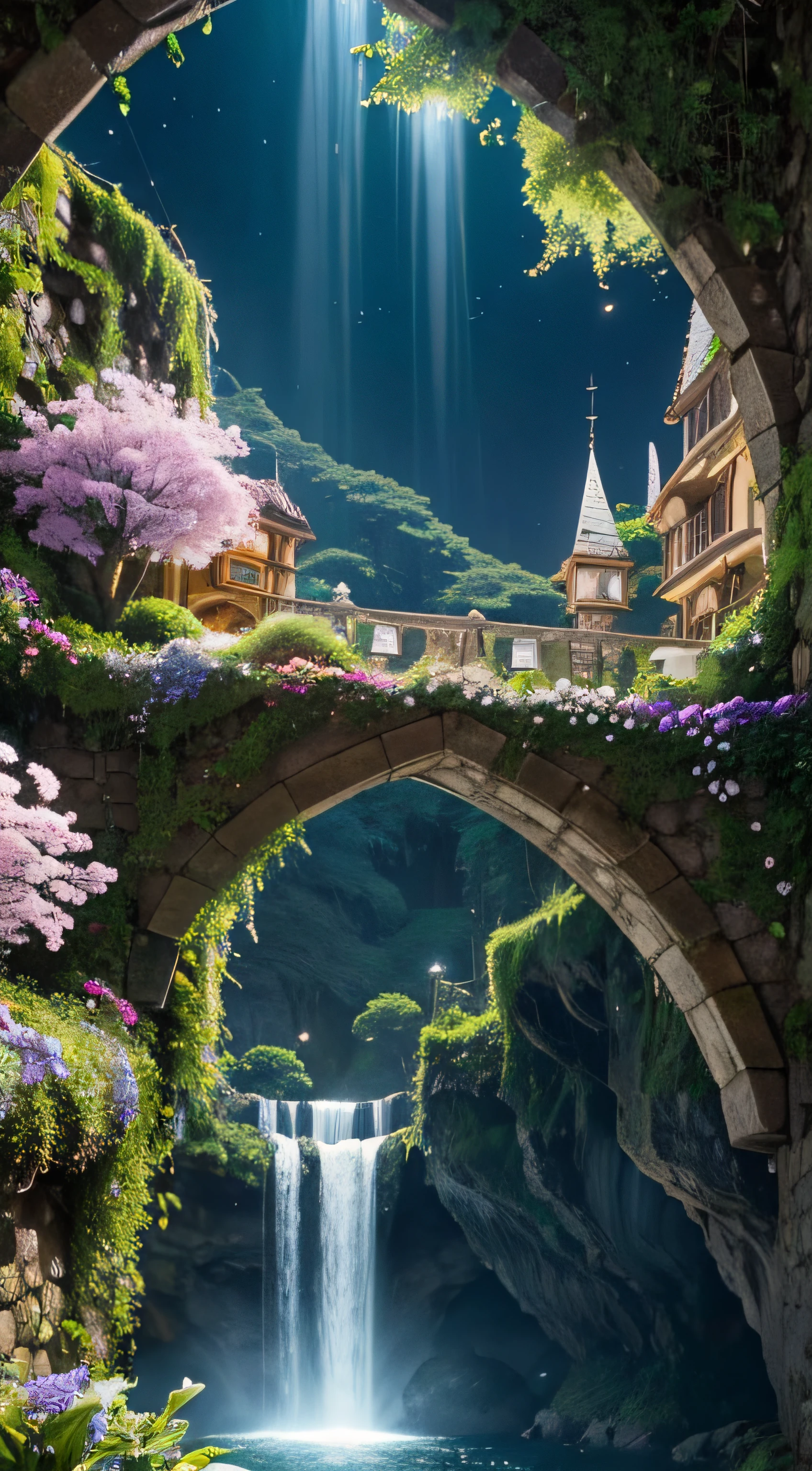 enchanted and magical city, with buildings made of stones, madeira luminosa e cristais resplandecentes, while ethereal bridges connect the treetops, formando uma rede intricada. Hanging gardens display magical flowers and crystal-clear waterfalls, criando um ambiente sereno.