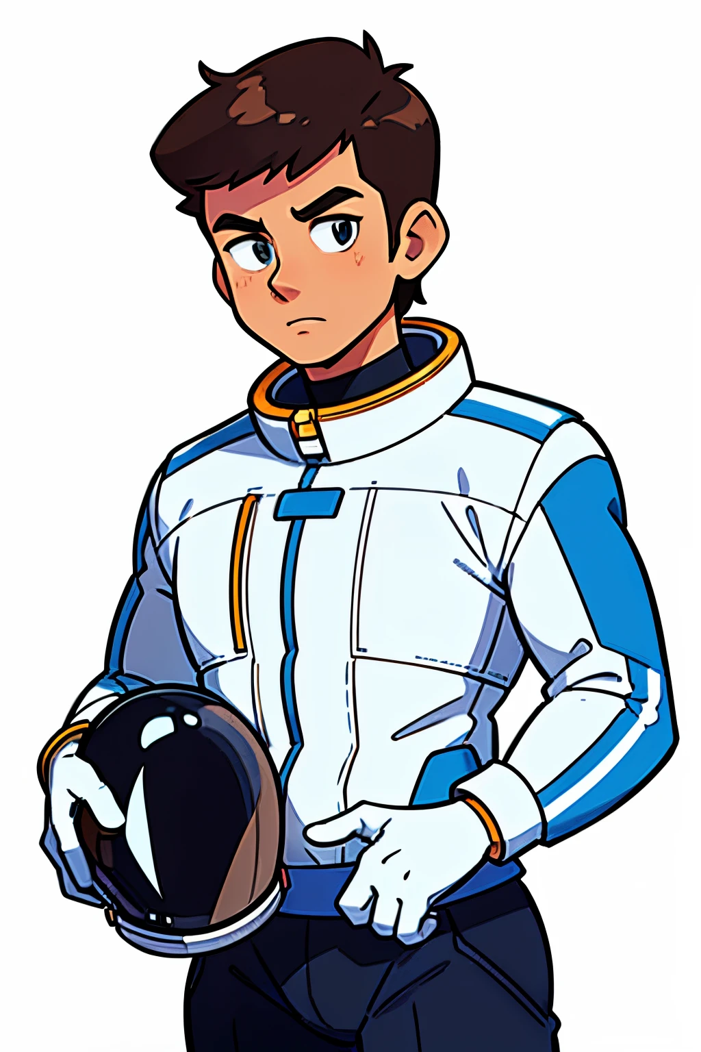 handsome and asethetic, masterpiece, white background, plain background, best quality, drawing of a of a chest up of a man in a retro spacesuit with helmet