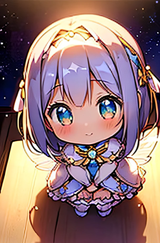 (Photorealistic:1.4), (Best Quality:1.3), (hight resolution:1.2), Cinematic lighting, very beautiful girl with available light, (Chibi Anime:1.4), Cute, kawaii, lovely, (Very beautiful and attractive face:1.3), (very beautiful symmetrical amber eyes:1.3), A tiny, chibi style characters, A girl wearing a gorgeous costume decorated with delicate patterns such as stars and the moon..
The hem of a short dress widens, decorated with ribbons and jewels.
She has translucent wings unique to magical girls on her back.。.。.Has a star-shaped magic wand. She is wearing a headband that resembles a magic circle decorated with jewels...
Pose pointing to the stars, A bright and cheerful smile appears on her face.Stars twinkle in the wide night sky、A fantastic space where the moon appears. Scattered with sparkling jewels、A space like a magical forest or a hanging garden.the sky is deep blue, illuminated by bright stars. Soft, Shining light fills the surroundings, Creates a mysterious and fantastic atmosphere.