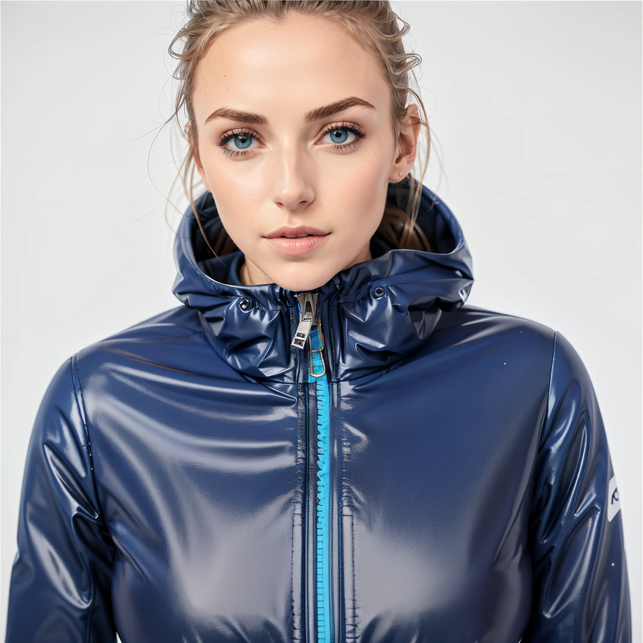 um close de uma mulher vestindo uma jaqueta azul com capuz, encapuzado, imagem de perfil, roupas esportivas, suit jacket, brilhante brilhante reflexivo, 2 0 2 0 moda, roupas esportivas, she is wearing a wet coat, jaqueta esportiva, Esposa, jaqueta curta, Jaqueta azul, 2 mulheres techwear, jaqueta azul harmonia, casaco longo fechado azul skintight, azul-marinho