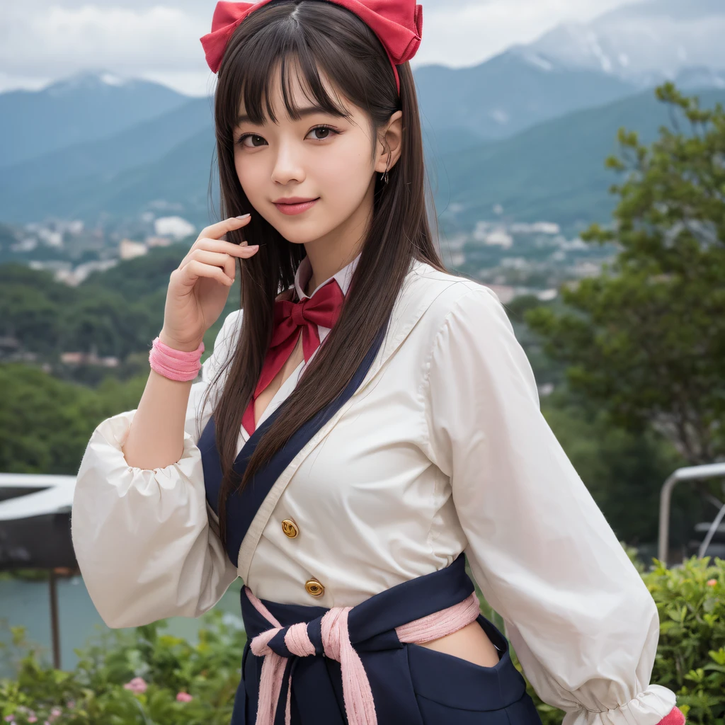 Light blue and pink color scheme,Sexy girl ,tiny body,Petite,tmasterpiece, Best quality at best,1个Giant Breast Girl, red bowtie, the bow, long whitr hair, hair pin, Ainu clothing, Alone, shairband, The bird, brunette color hair, Fingerless gloves, short- sleeved, mitts, Sash, trouser, By bangs, red hairband, arma, boobgasm, Brown eyes, white pantie, komono, nakoruru, light smile, offcial art, Good composition, official pose, Detailed portrait, sportrait, bokeh, Clouds and mountains background, samurais, onmyoji style, A high resolution, Dramatic lights and shadows, sunflare, blurryforeground