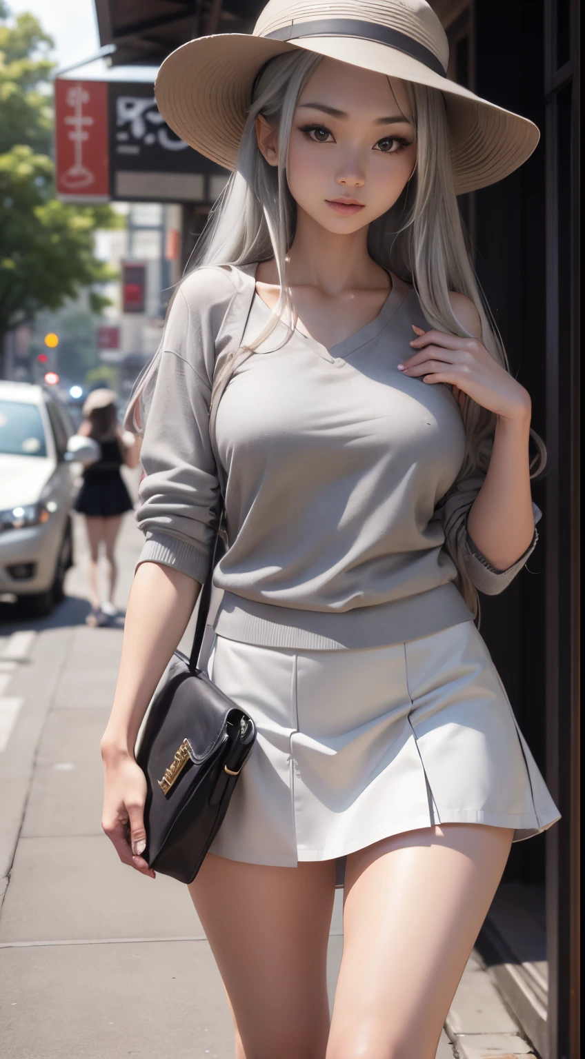 masutepiece, High quality, Best Quality, Beautiful, hard disk, Perfect Lighting, Detailed face, Detailed body, 1 girl, Solo, (Long gray hair), Brown eyes, medium breasts, ((White underwear)), ((Short skirt in grey)), (Gray hat), In front of the café,full body photographed,Model Walk,