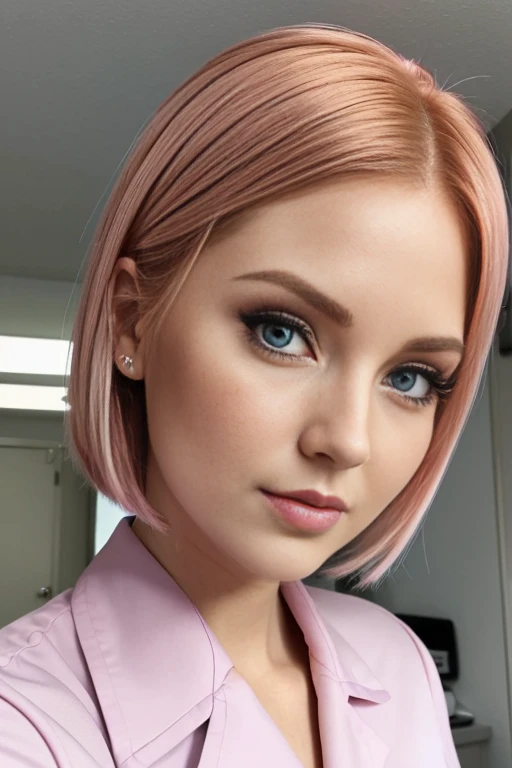 Petite 30 year old nurse woman with light strawberryblonde hair in a short undercut bob and striking blue eyes wearing eye liner, pink lips, in a nurse uniform, detailed face