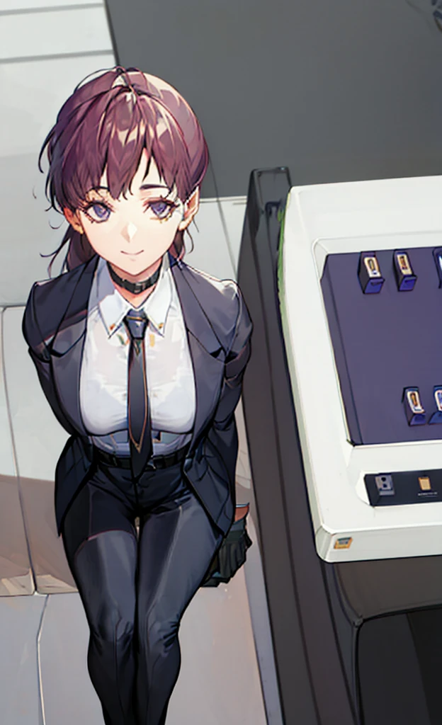 ((mahjong)),Best Quality, Ultra-detailed, dora, 1girl in, Solo, long_hair, breasts, Bangs, brown_hair, Shirt, gloves, long_sleeves, Closed_Mouth,, Purple_Eyes, Jacket, full_Body, Ponytail, Purple_hair, white_Shirt, Ahoge, Open_Clothes, neck tie, Choker, Black_gloves, Belt bag, Collared_Shirt, Pants, , Black_Footwear, Open_Jacket, Black_Jacket, , Formal, Black_Pants, Suit,, Purple_neck tie, Earpiece, (Looking at Viewer,  , sit a chair, The table, wood floor, Café Bar, Coffee, Happy closed eyes smile:1.3) fisheyes