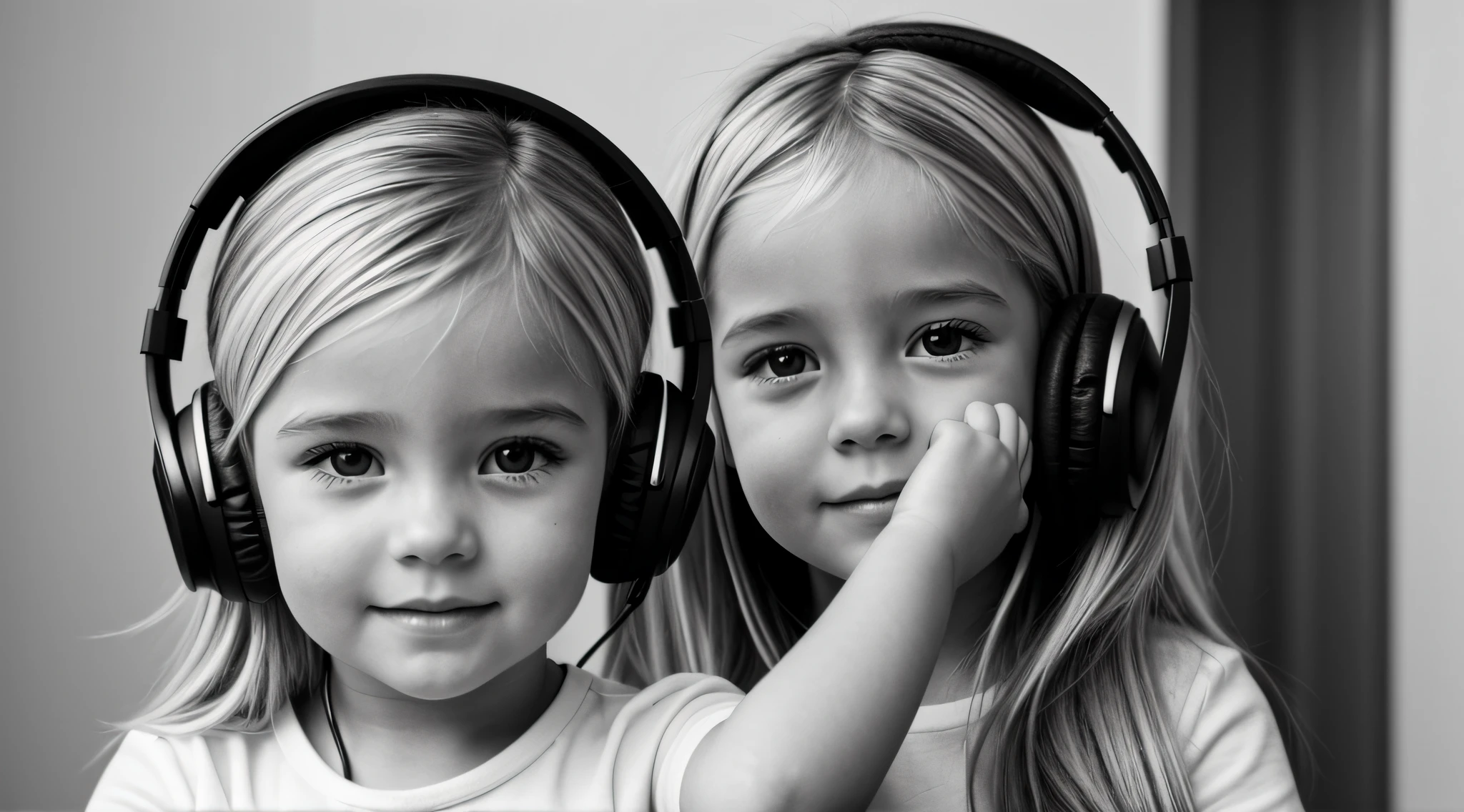 uma foto em black and white de uma CHILD blonde cabelos longos with headphones, with hands on face, Samara Tecelagem, BACKGROUND FIRE, FOGO, FLAMME. gorgeous female.