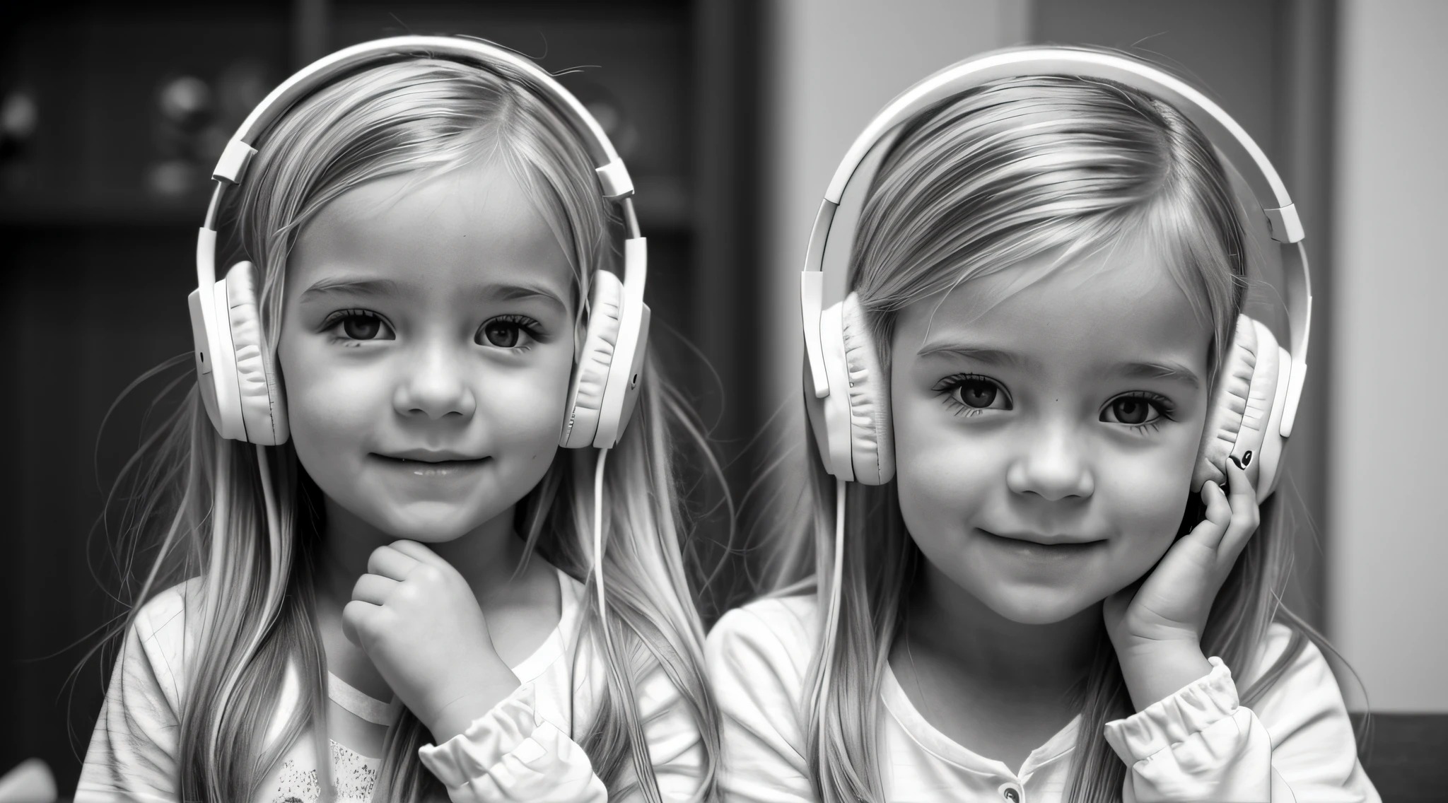 image of a CHILD girl BLONDE long hair with headphones foto em preto e branco with hands on face, Samara Tecelagem, gorgeous female.