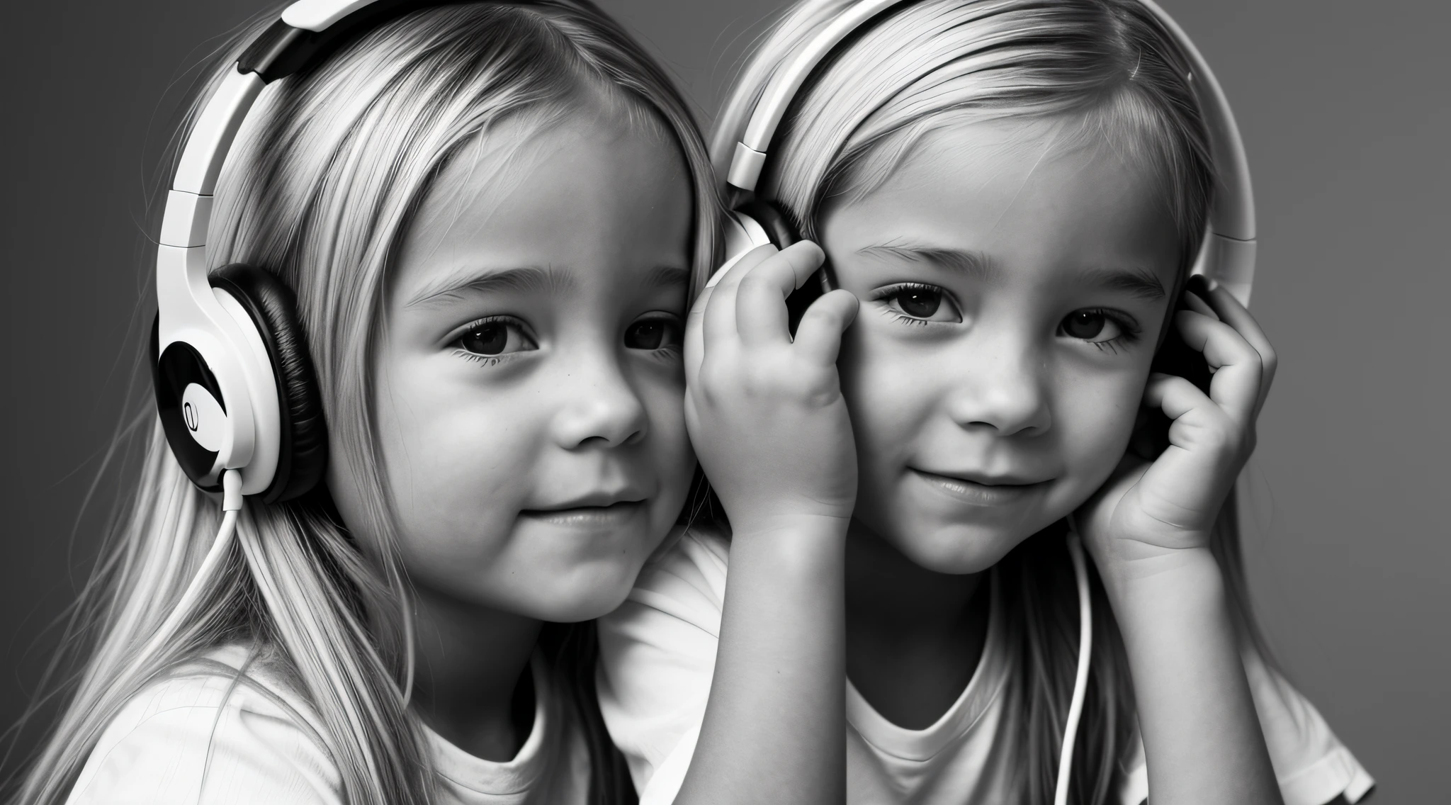 uma foto em black and white de uma CHILD blonde cabelos longos with headphones, with hands on face, Samara Tecelagem, gorgeous female.