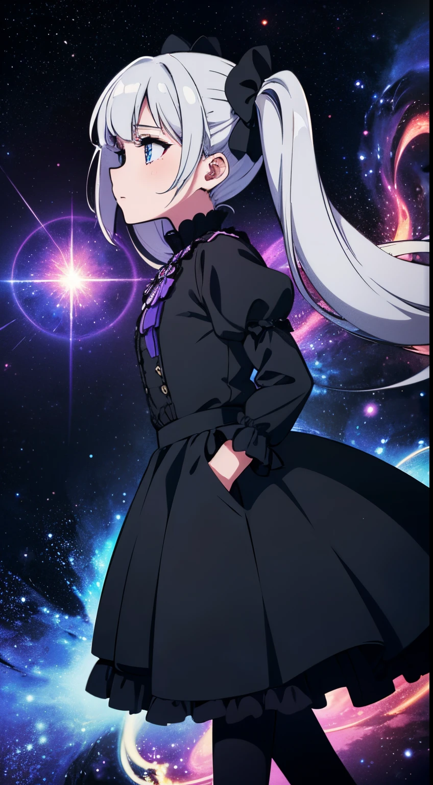 Little girl walking towards a honey portal, radiating energy, UFOs and stars in the sky, space nebula, electric hues, colorful but dark atmosphere, abstract interpretation, drawn by a psychedelic girl in the mind of an angel of death. Gothic Lolita fashion. Twin-tailed silver hair. Creator of the universe.