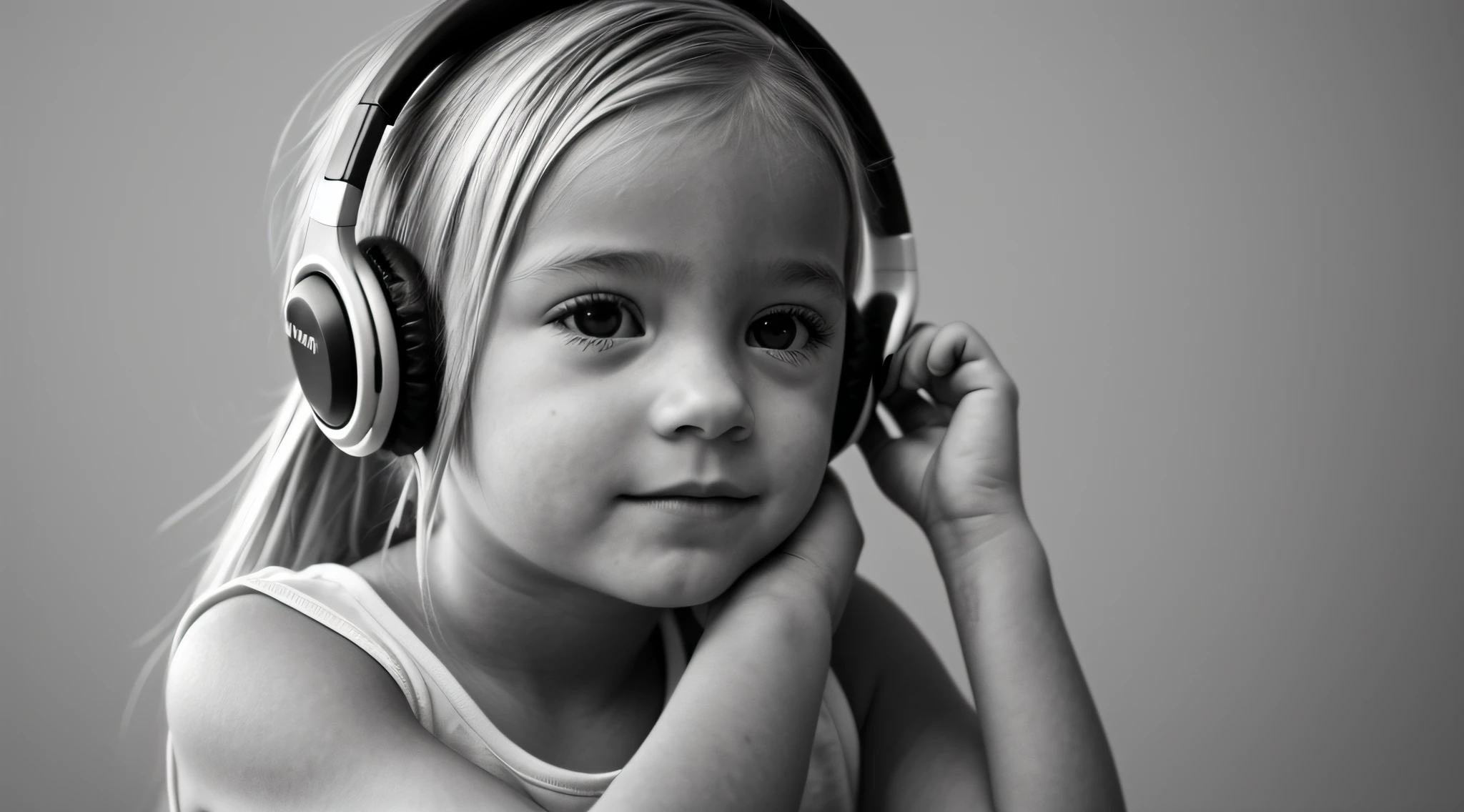 uma foto em black and white de uma CHILD blonde cabelos longos with headphones, with hands on face, Samara Tecelagem, gorgeous female.