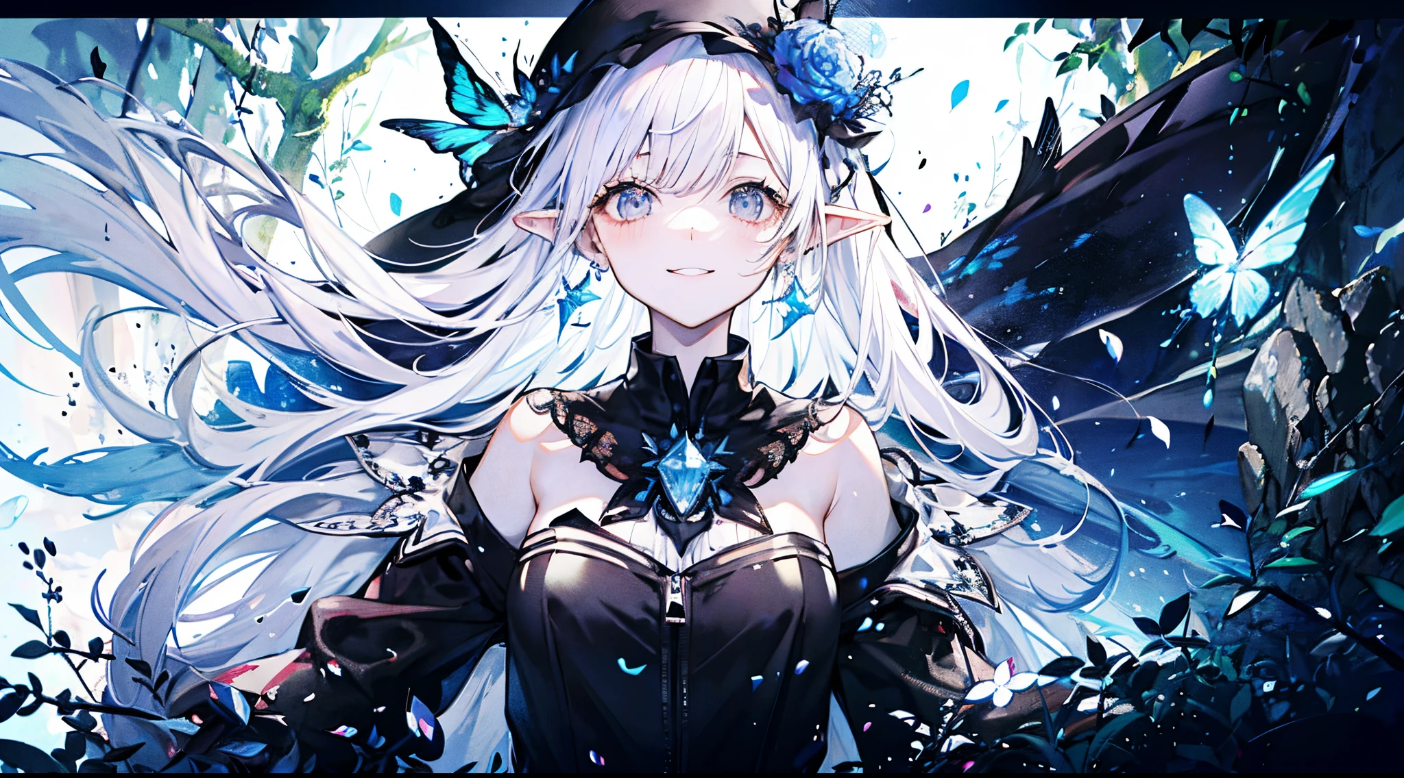 ((tmasterpiece:1.4,Best quality at best))+,(hyper-detailing)+,(Ultra-detailed eyes)+,(pointy ears:1.5),The halo
(cute girls),ar old,(Black colored eyes:1.15)with short black hair,long braid,Bushy hair(wariza:1.2),pale-skinned,ssmile,a seductive smile,Reach out her hand
(She wore a black shirt,Black leather pants,Black lab coat,Black metal mask:1.5),(Black gloves:1.4)The sleeves are long,Straw Hat Hat,crystal earrings,merfolk,The corals,Menghua,gem jewelry,Ocean of fish and trees,Conch headdress,glowing butterflies,jellyfish,deadwood,puppet
(Fishtail:1.1),
(dawn light:1.2),
(Thick black and white:1.16),(depth of fields:1.4),,Complicated details,