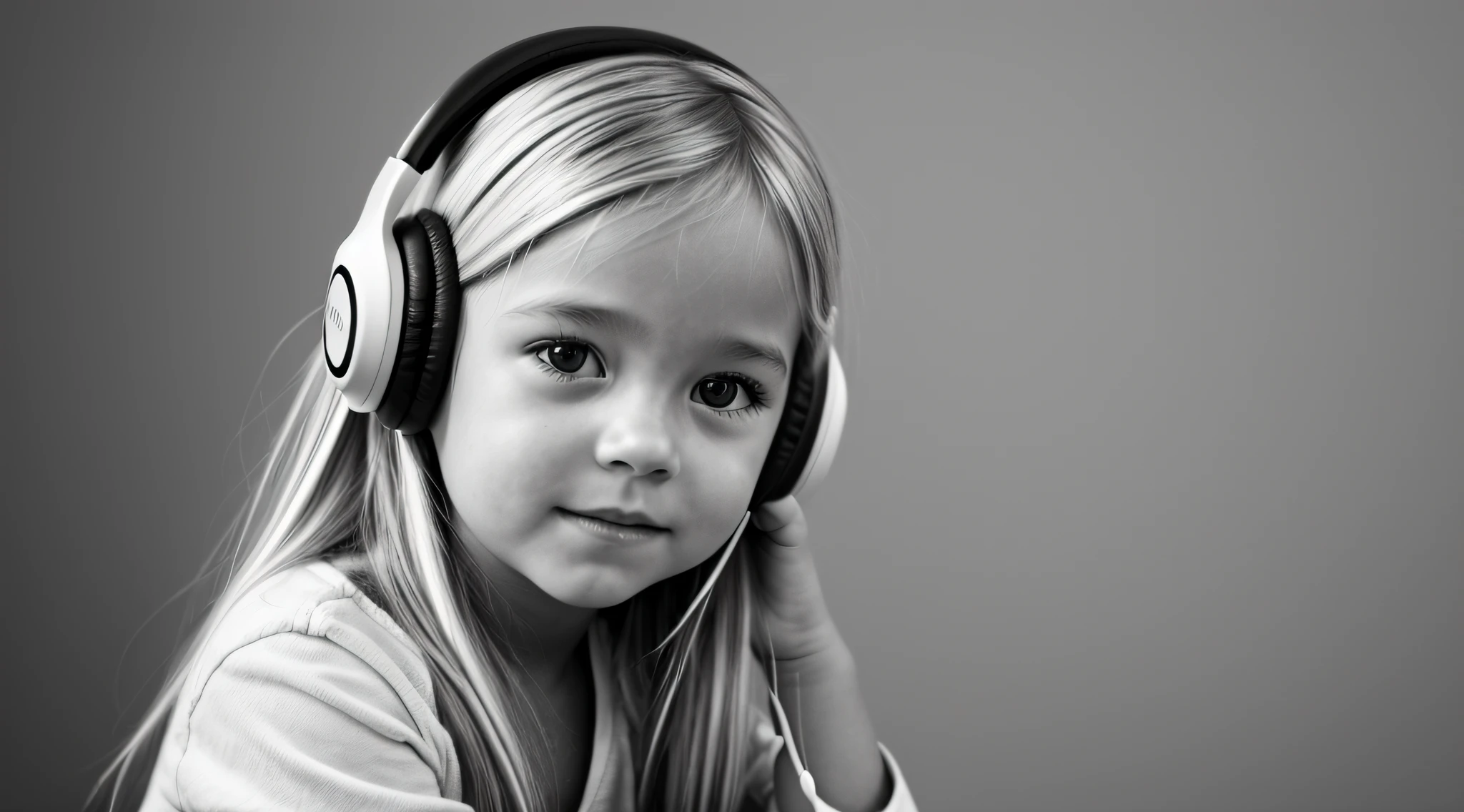 BLONDE CHILD GIRL USING A HEADPHONE , com longos cabelos cacheados e uma camisa preta,loira, bnw photo session, shot in the photo studio