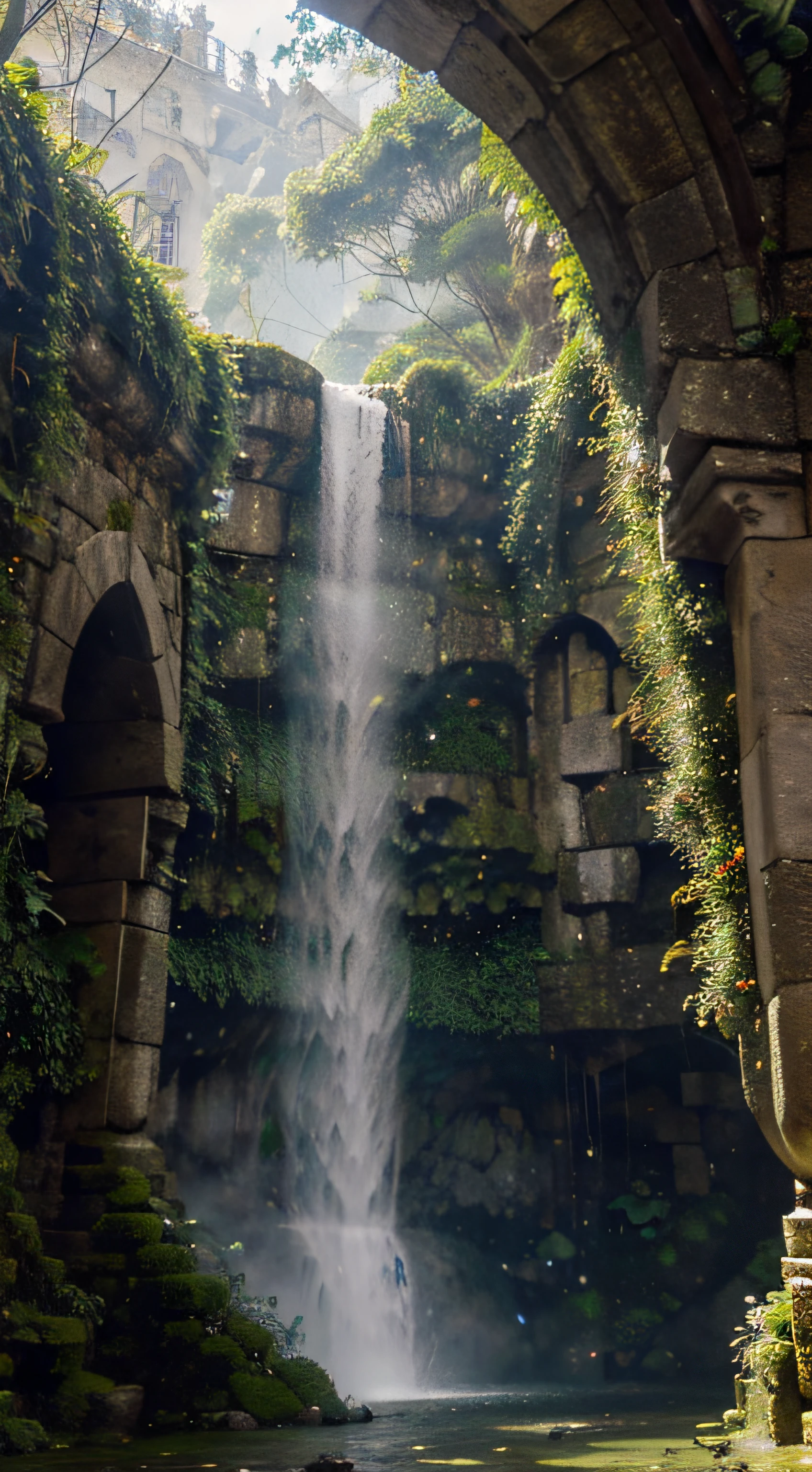 enchanted and magical city, with buildings made of stones, madeira luminosa e cristais resplandecentes, while ethereal bridges connect the treetops, formando uma rede intricada. Hanging gardens display magical flowers and crystal-clear waterfalls, criando um ambiente sereno.