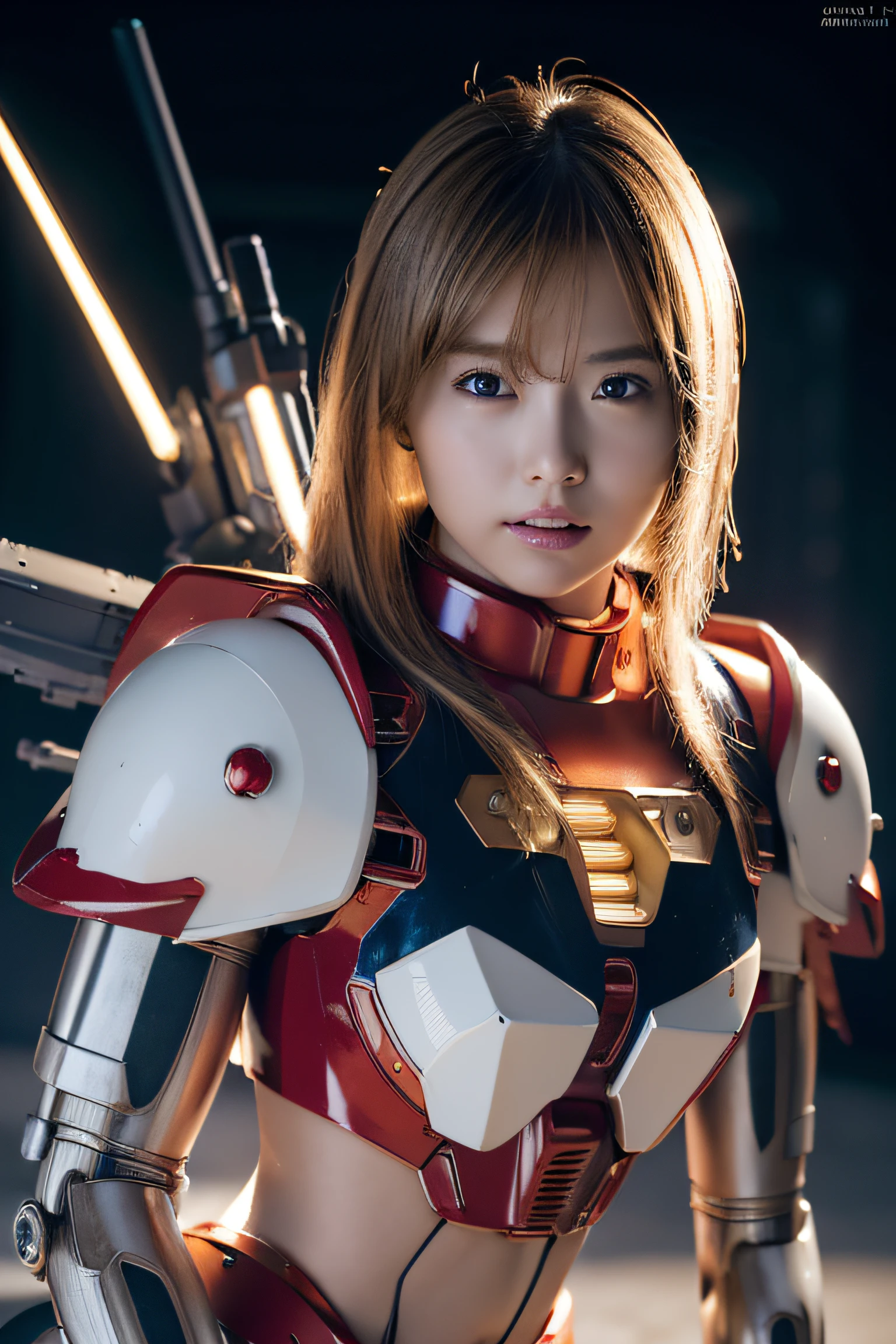 Top Quality, Masterpiece, Ultra High Resolution, (Photorealistic: 1.4), Raw Photo, blonds Hair, Glossy Skin, (1 Mechanical Girl), (Ultra Realistic Detail), Portrait, Global Illumination, Shadows, Octane Rendering, Ultra Sharp, (flat chest:1.3), Cleavage Exposed Raw Skin, Metal, Intricate Ornament Details, Japan Details, Very intricate details, realistic light, CGSoation trend, glowing eyes, (neon details, mechanical limbs, blood vessels connected to the tube, mechanical vertebrae attached to the back, mechanical cervical attachment to the neck, wires and cables connecting to the head, (gundam:1.2), small LED lamps:1.2), full body, (any pose:1.4), (midriff peek:1.2),