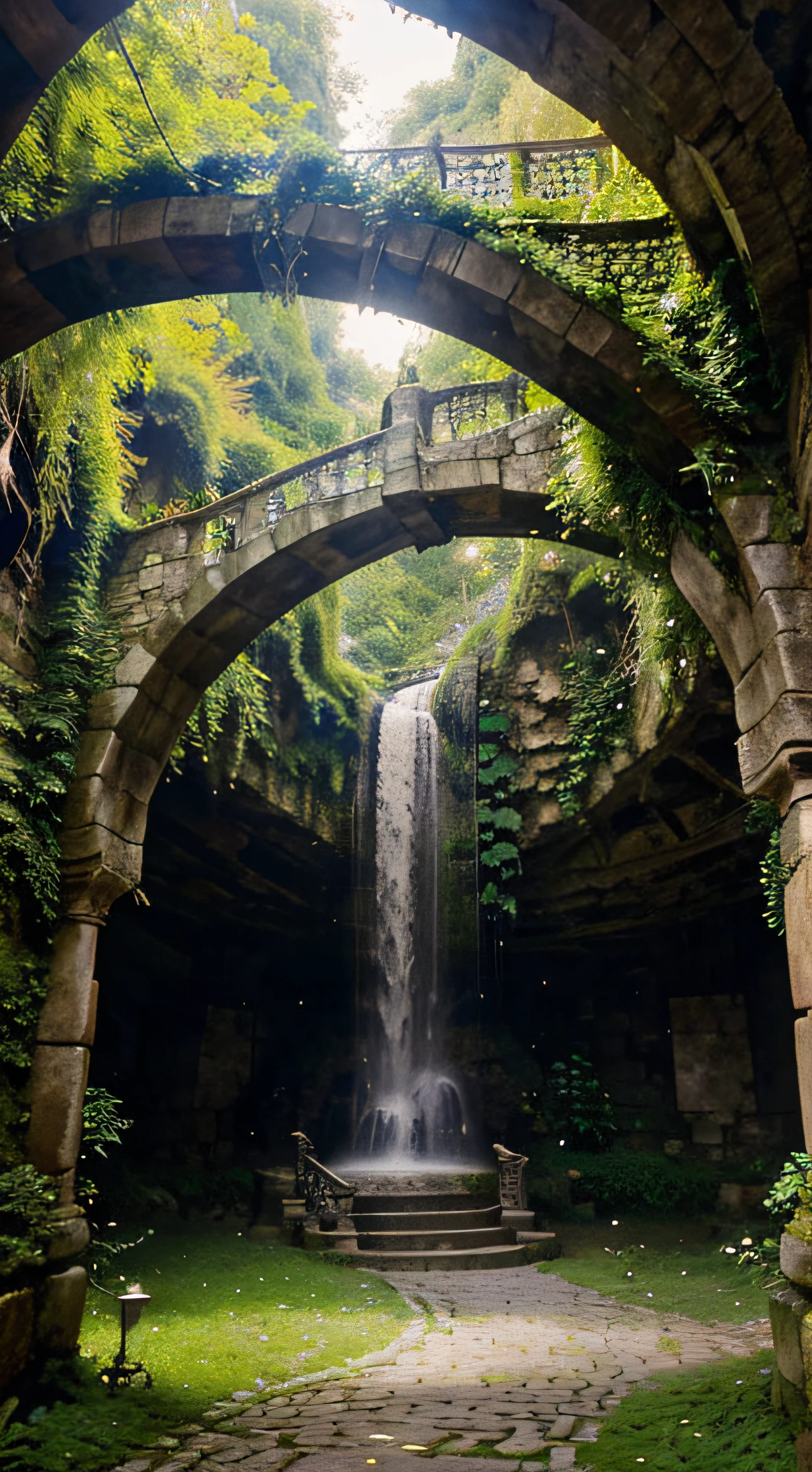 enchanted and magical city, with buildings made of stones, madeira luminosa e cristais resplandecentes, while ethereal bridges connect the treetops, formando uma rede intricada. Hanging gardens display magical flowers and crystal-clear waterfalls, criando um ambiente sereno.