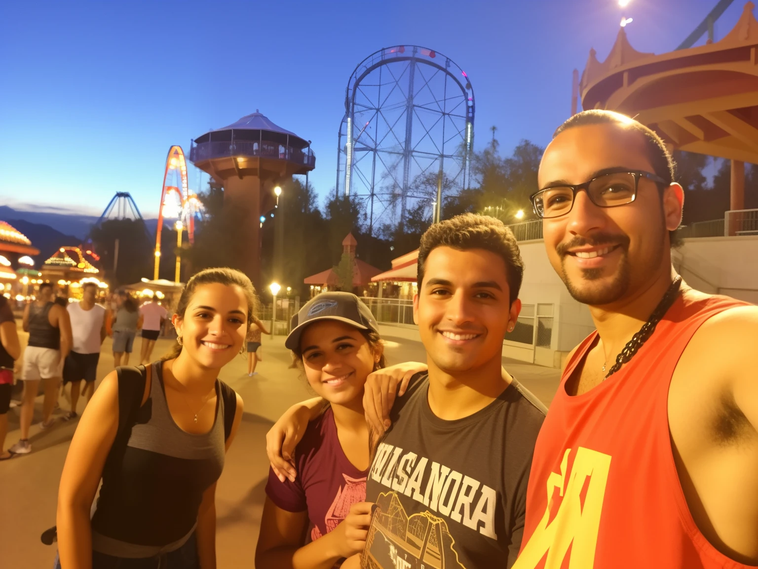 There are three people together in a parking lot, Montanhas Russas, vacation photo, na California Adventure, imagem do avatar, foto do perfil, divertindo-se, Los Angeles 2 0 1 5, Passeios, noite!, amusement park, in the nighttime, montanha-russa, imagem de perfil, Noite!, Sunset!, montanha-russa, theme park, foto de perfil 1024px