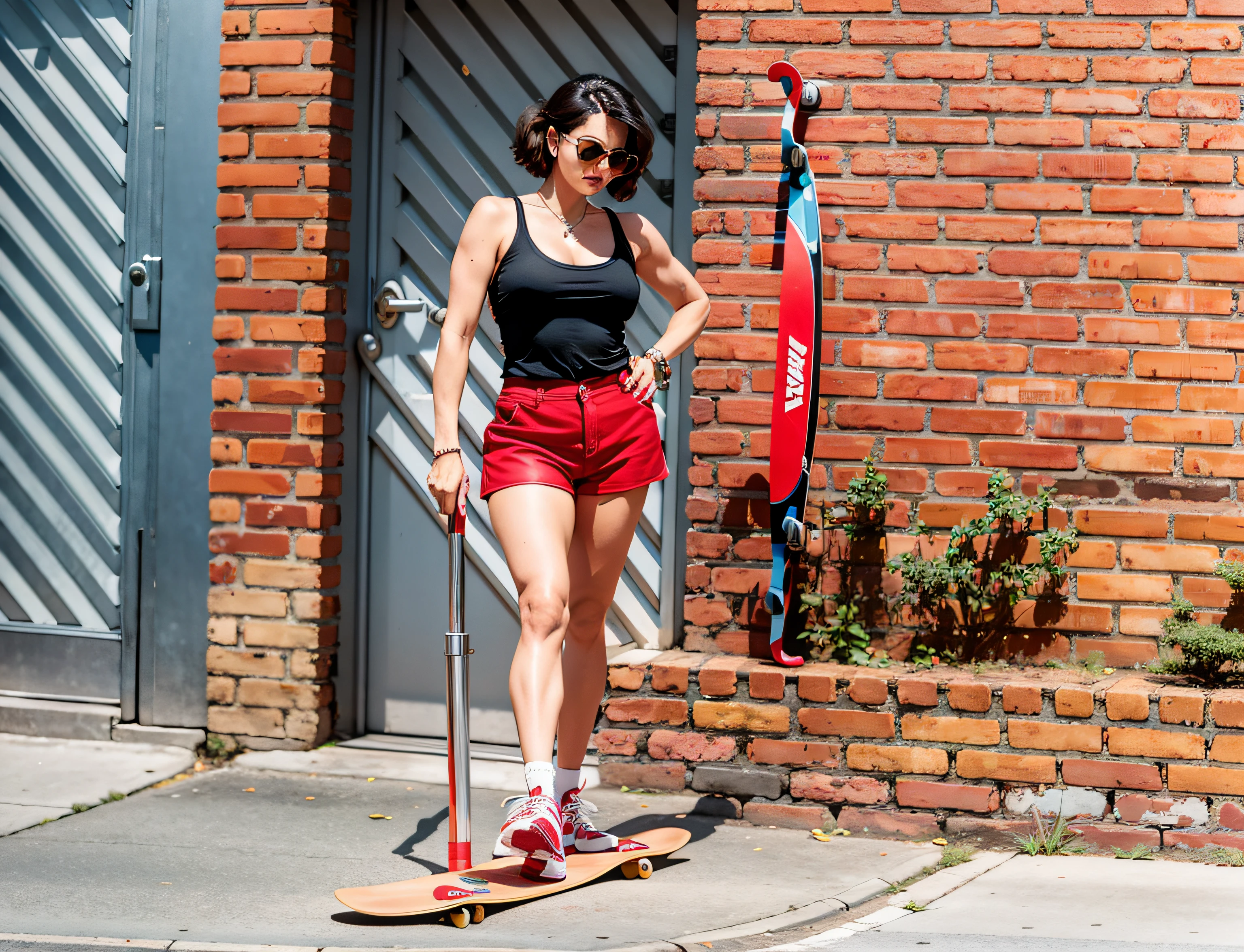 there is a woman standing on the sidewalk with a skateboard, wearing red shorts, short robust woman, wearing a camisole and shorts, with a walking cane, with a red skirt, profile shot, eighties pinup style, standing outside a house, wearing a tank top and shorts, short in stature, miniskirt, 1 9 8 0 s woman
