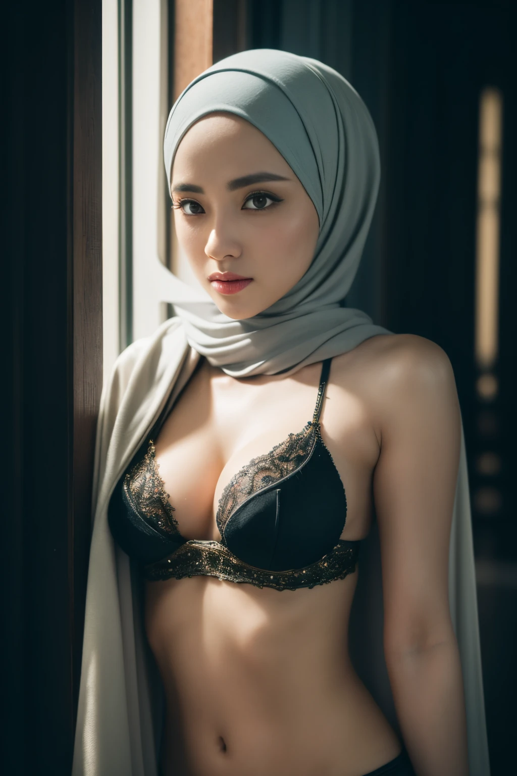 bellydancer, cyberpunk, javanese, (((hijabi))), cleavage, reflection light, chiaroscuro, depth of field, cinematic lighting, ray tracing, Sony FE GM, UHD, super detail, masterpiece, textured skin, high details, best quality, award winning，3D,hdr（HighDynamicRange）,Ray tracing,NVIDIA RTX,Hyper-Resolution,Unreal 5,Subsurface scattering、PBR Texture、post-proces、Anisotropy Filtering、depth of fields、maximum definition and sharpness、Many-Layer Textures、Albedo e mapas Speculares、Surface coloring、Accurate simulation octane rendering of light-material interactions、Two-colored light、largeaperture、Low ISO、White balance、the rule of thirds、8K raw data