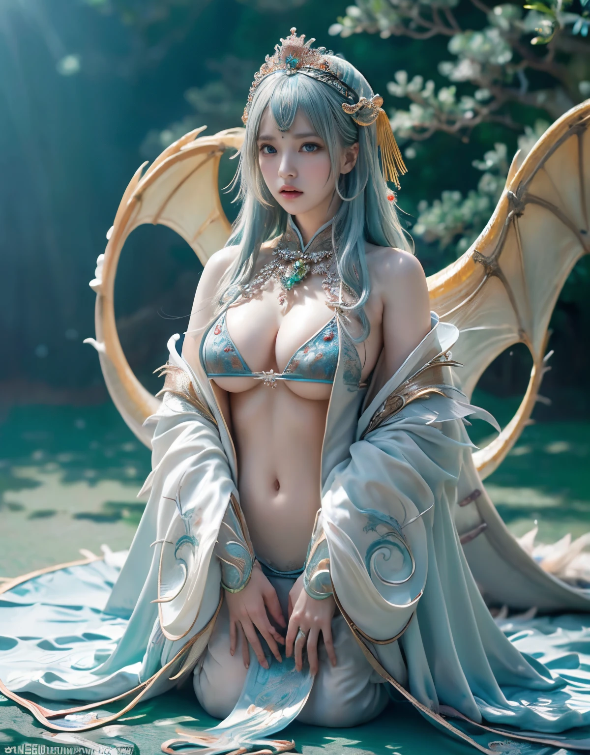 (heavy breasts)、top-quality、​masterpiece、超A high resolution、（White Ragon Armor）、(((Colossal tits))),dragon armor、(((Detailed Micro Bikini))),(Wear a beautiful crown made of intricate gemstones),(Photorealsitic:1.4)、Raw photo、1人、(((Random hair))、(((Take different poses)))、glowy skin、(((Chinese Dragon)))、Intricate and ornate hair ornaments、（Gorgeous Jewelry Necklaces）、（Mystical expression）、（Full Body Angle）、((Light blue hair)),（Fight big dragons）、（Black Metal Bikini）、(((sea the background of))),、(falls)、Precipitous cliffs、(Background of ancient ruins)、((super realistic details))、portlate、globalillumination、（sexypose）、Shadow、octan render、8K、ultrasharp、Colossal tits、Raw skin is exposed in cleavage、metals、Details of complex ornaments、Japan details、highly intricate detail、Realistic light、CGSoation Trends、Blue eyes、radiant eyes、Facing the camera、Toostock、（Full Body Angle）、（veils）、(((sea the background of)))、highcontrast、