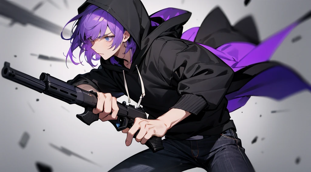 A young man with purple hair.He is holding a gun in his hand.He has bangs down.He wears a black hoodie and black jeans.The background is a battlefield anime style.