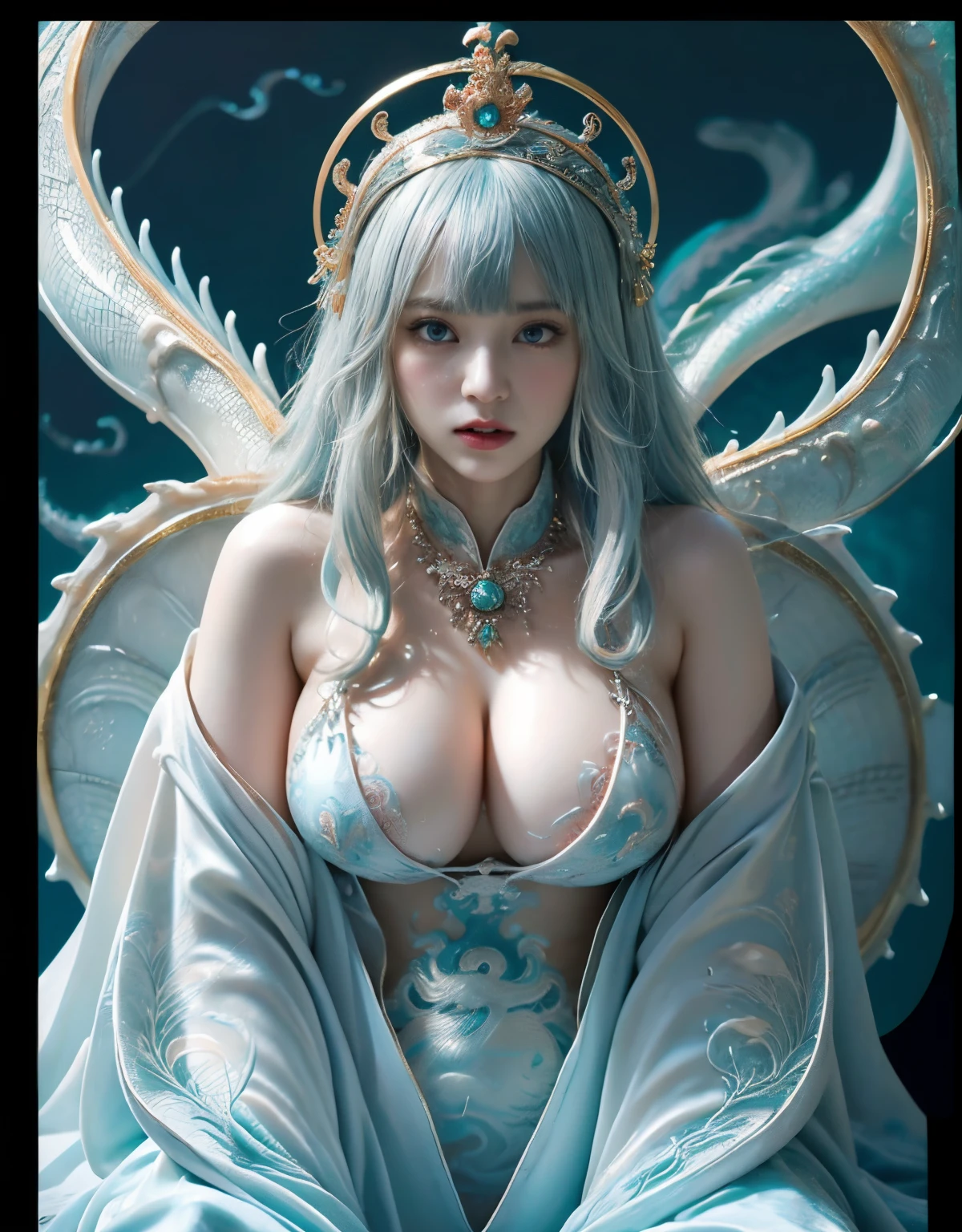 (heavy breasts)、top-quality、​masterpiece、超A high resolution、（White Ragon Armor）、(((Colossal tits))),dragon armor、(((Detailed Micro Bikini))),(Wear a beautiful crown made of intricate gemstones),(Photorealsitic:1.4)、Raw photo、女の子1人、(((Random hair))、(((Take different poses)))、glowy skin、(((Chinese Dragon)))、Intricate and ornate hair ornaments、（Gorgeous Jewelry Necklaces）、（Mystical expression）、（Full Body Angle）、((Light blue hair)),（Fight big dragons）、（Black Metal Bikini）、(((sea the background of))),、(falls)、Precipitous cliffs、(Background of ancient ruins)、((super realistic details))、portlate、globalillumination、（sexypose）、Shadow、octan render、8K、ultrasharp、Colossal tits、Raw skin is exposed in cleavage、metals、Details of complex ornaments、Japan details、highly intricate detail、Realistic light、CGSoation Trends、Blue eyes、radiant eyes、Facing the camera、Toostock、（Full Body Angle）、（veils）、(((sea the background of)))、highcontrast、