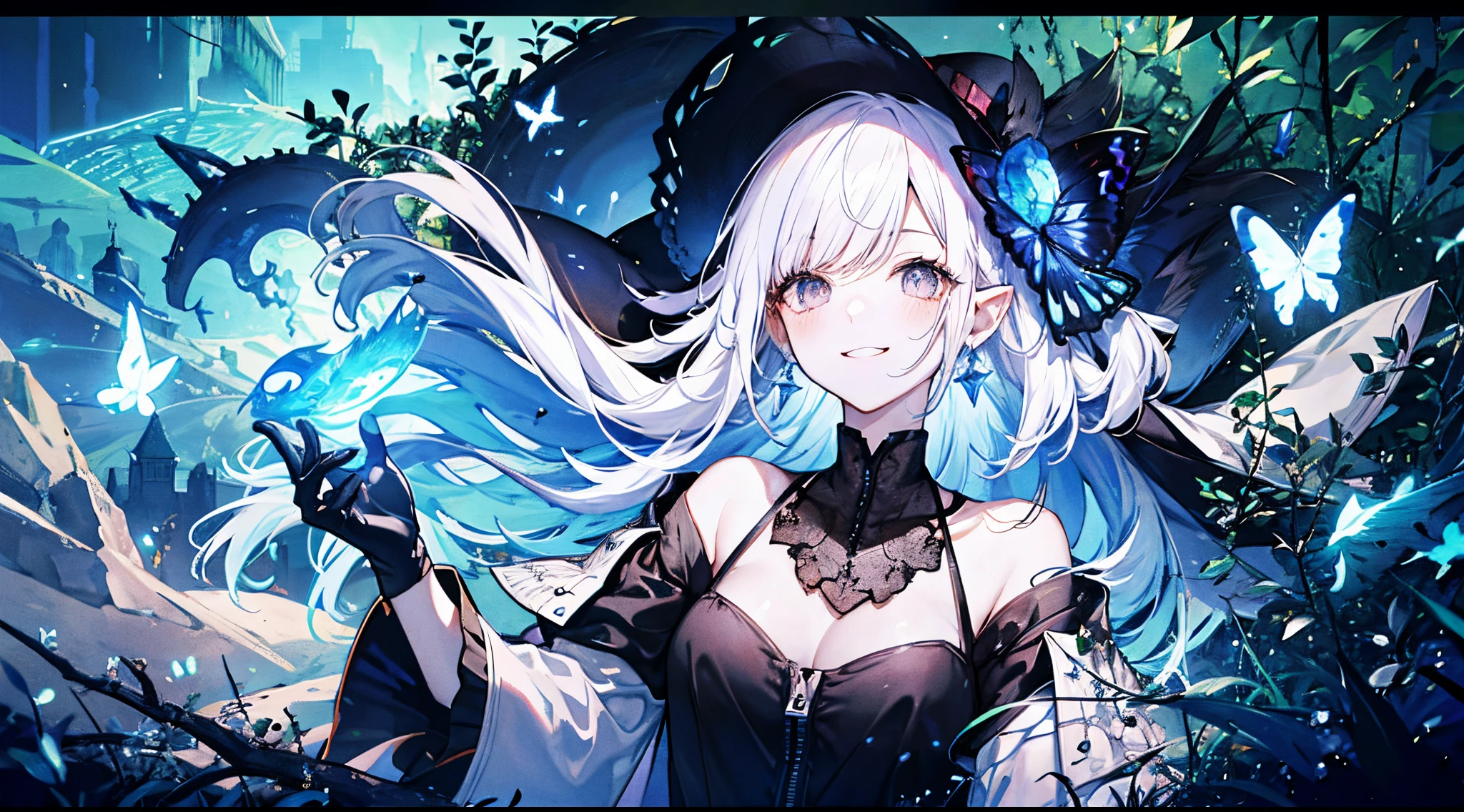 ((tmasterpiece:1.4,Best quality at best))+,(hyper-detailing)+,(Ultra-detailed eyes)+,(pointy ears:1.5),The halo
(cute girls),ar old,(Black colored eyes:1.15)with short black hair,long braid,Bushy hair(wariza:1.2),pale-skinned,ssmile,a seductive smile,Reach out her hand
(She wore a black shirt,Black leather pants,Black lab coat,Black metal mask:1.5),(Black gloves:1.4)The sleeves are long,Straw Hat Hat,crystal earrings,merfolk,The corals,Menghua,gem jewelry,Ocean of fish and trees,Conch headdress,glowing butterflies,jellyfish,deadwood,puppet
(Fishtail:1.1),
(dawn light:1.2),
(Thick black and white:1.16),(depth of fields:1.4),,Complicated details,