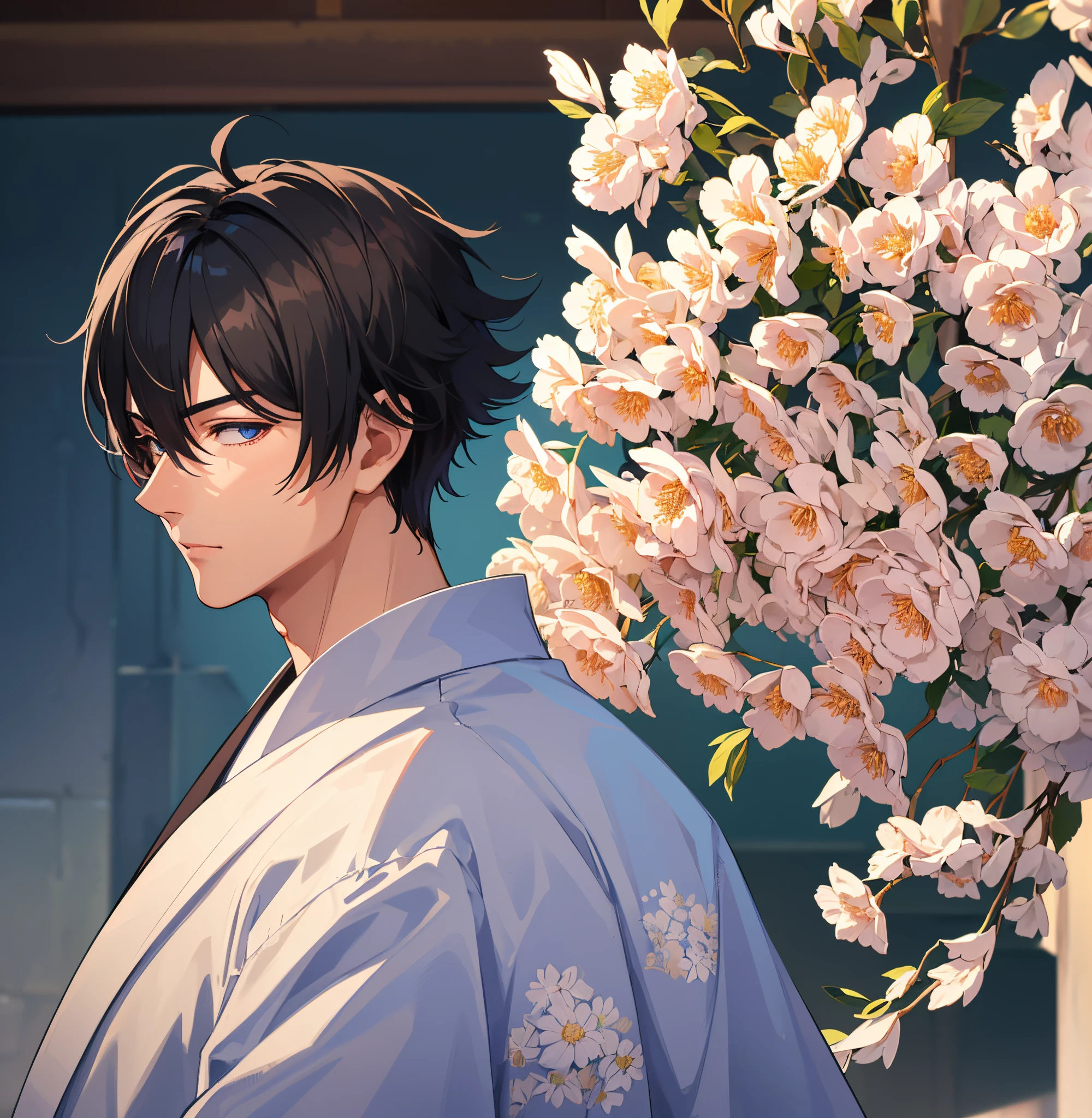 ((A men)), finely detailed beautiful eyes ,one_has_hair _black_(short)_(Spiky)_hair , ((handsome)) ,(few bangs), yukata, 
broad shoulders:1.4, --niji 5 , extremely detailed face, ((adult male)),