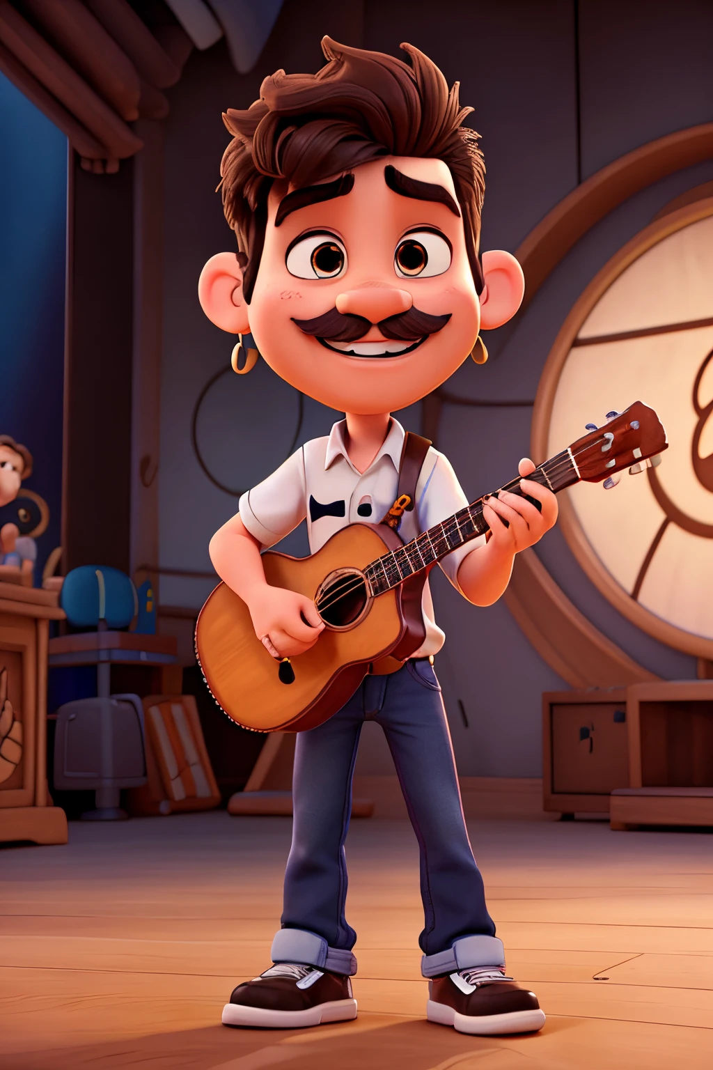 pixar style caricature of disney boy 37 white
curled mustache goatee
height 1.84
you look brown
tattoo on right arm playing cavaquinho instrument
black shirt
jeans Austar tennis earrings earrings hair grizarios
on a concert stage medium teeth medium mouth small eyes rounded nose