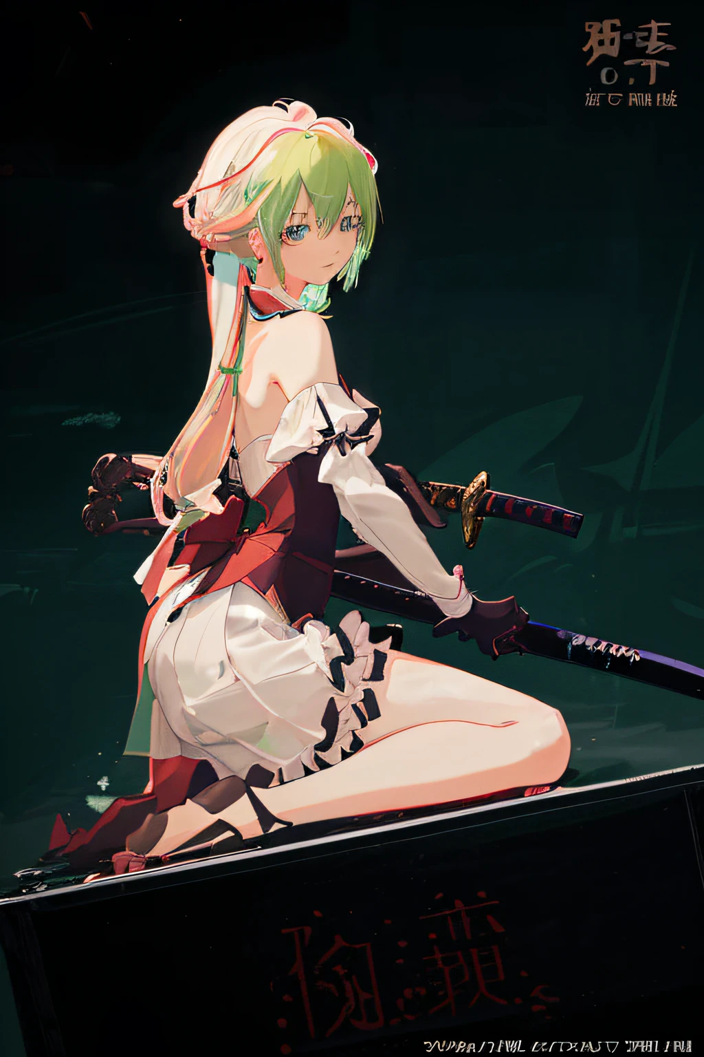 detaileds、8K、((Pastel green hair))、off shoulders、Formal white and red dress、Light blue eyes、swordsmen、Straight Long Hairstyles、ssmile、Detailed eyes、Highlights in the eyes