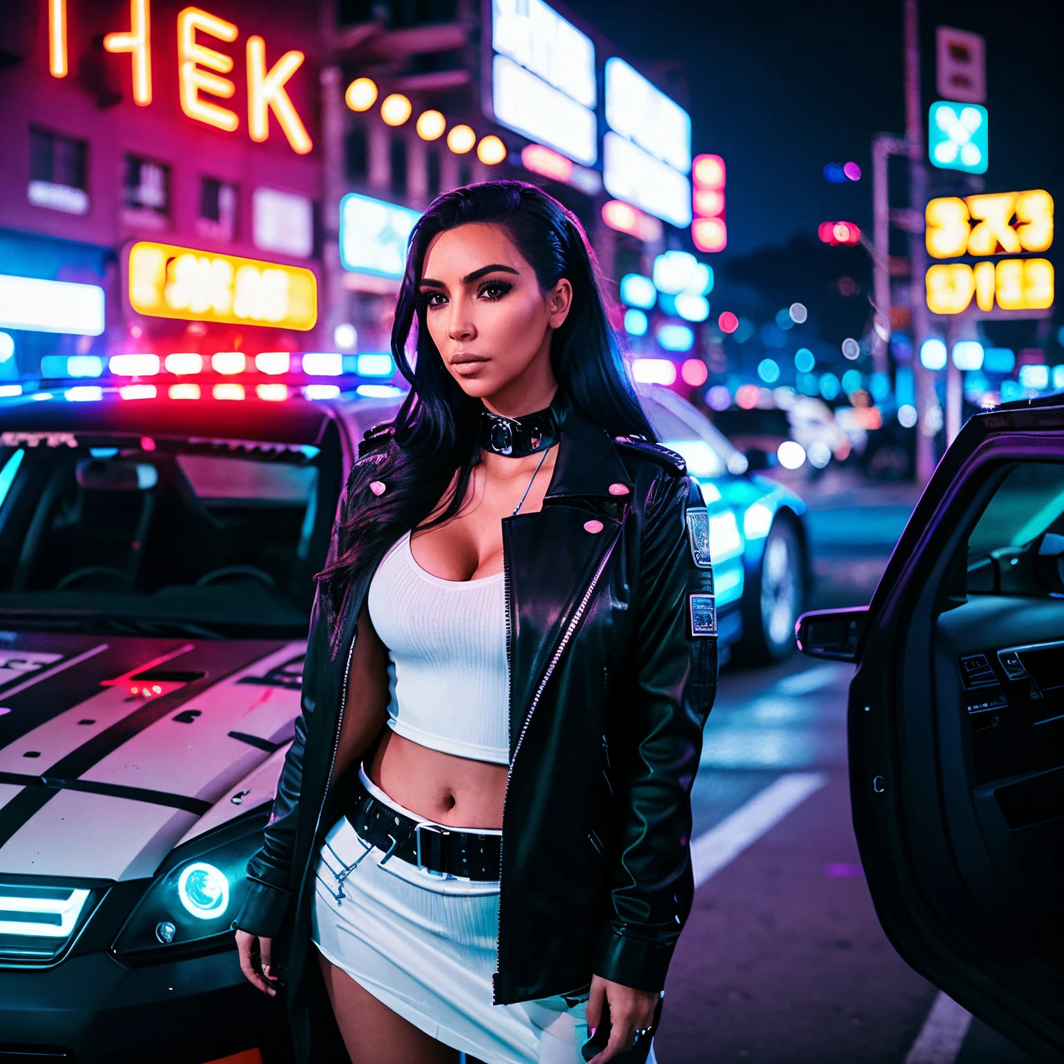 there is a woman standing next to a police car in the street, police lights shine on her face, kim kardashian as a cop, cyberpunk noir, police lights, ross tran 8 k, police, neon noir, cyberpunk with neon lighting, cyberpunk lighting, high contrast 8k, by Adam Marczyński, in a cyberpunk setting, cyberpunk lut, cyberpunk photo