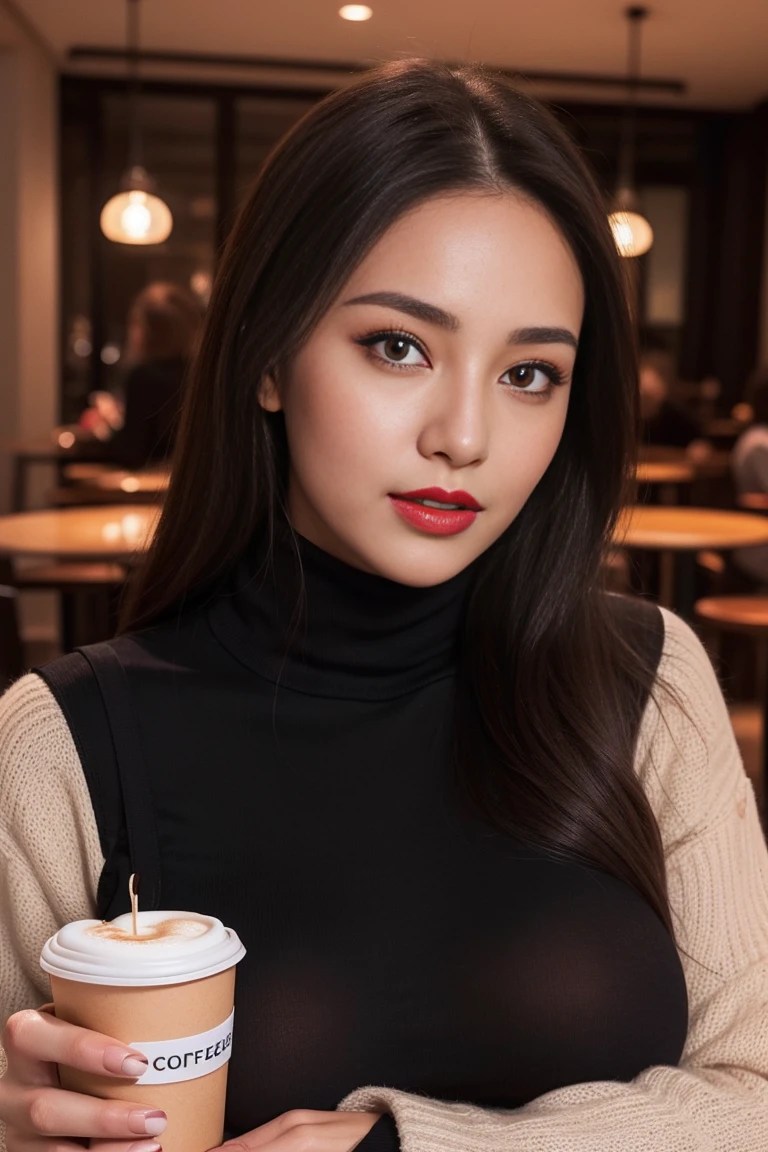 Close-up beautiful wife with huge breasts wearing a sheer turtleneck without underwear at a café at night and her nipples are erect Sexy seducting while drinking coffee Sitting wet eyes Red lipstick