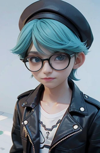 (Best Quality, masutepiece:1.2),1boy,Anime young man with blue hair and glasses in a black jacket, live2d virtual youtuber model, 2 d anime style, anime moe art style, anime styled 3d, ( ( ( ( 3 d render ) ) ) ), paint tool sai!! Blue, anime stylized, Stylized anime, 2 D Anime, bright green eyes,beret